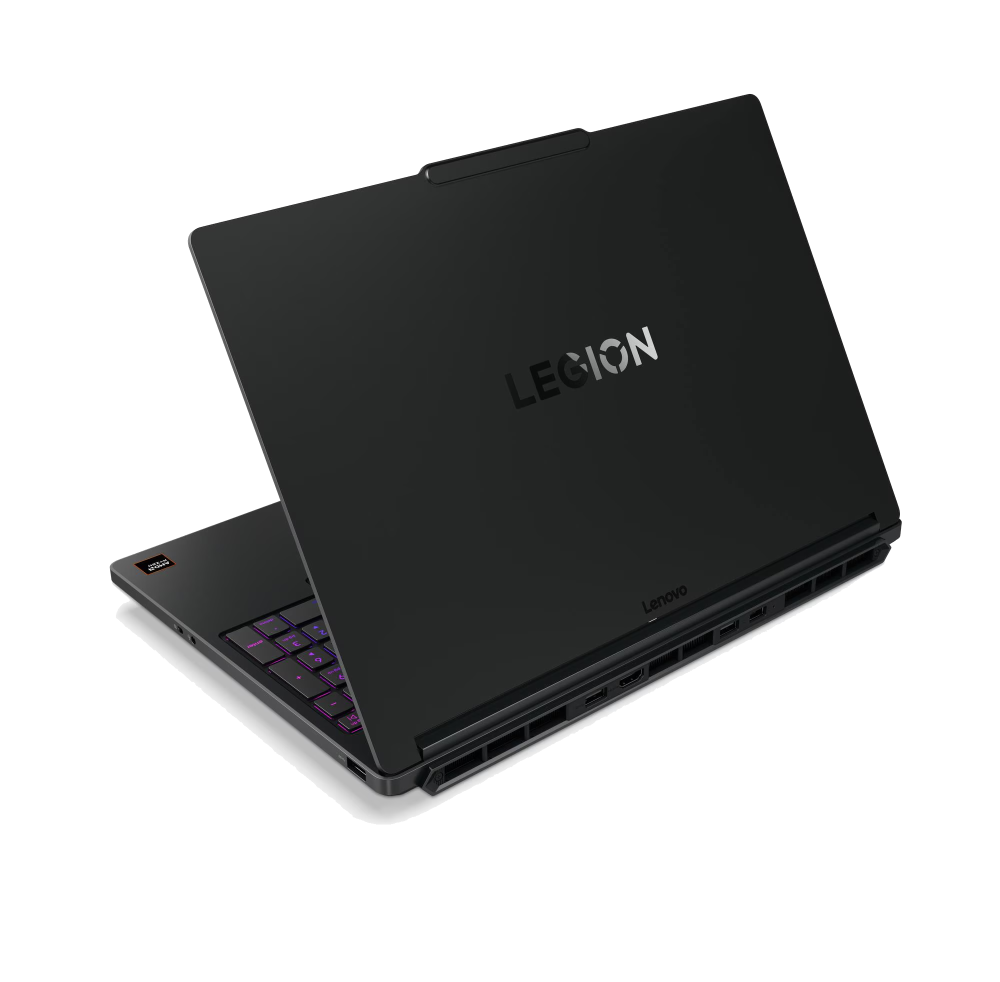 Portátil Lenovo Legion negro, parcialmente abierto, con teclado iluminado.