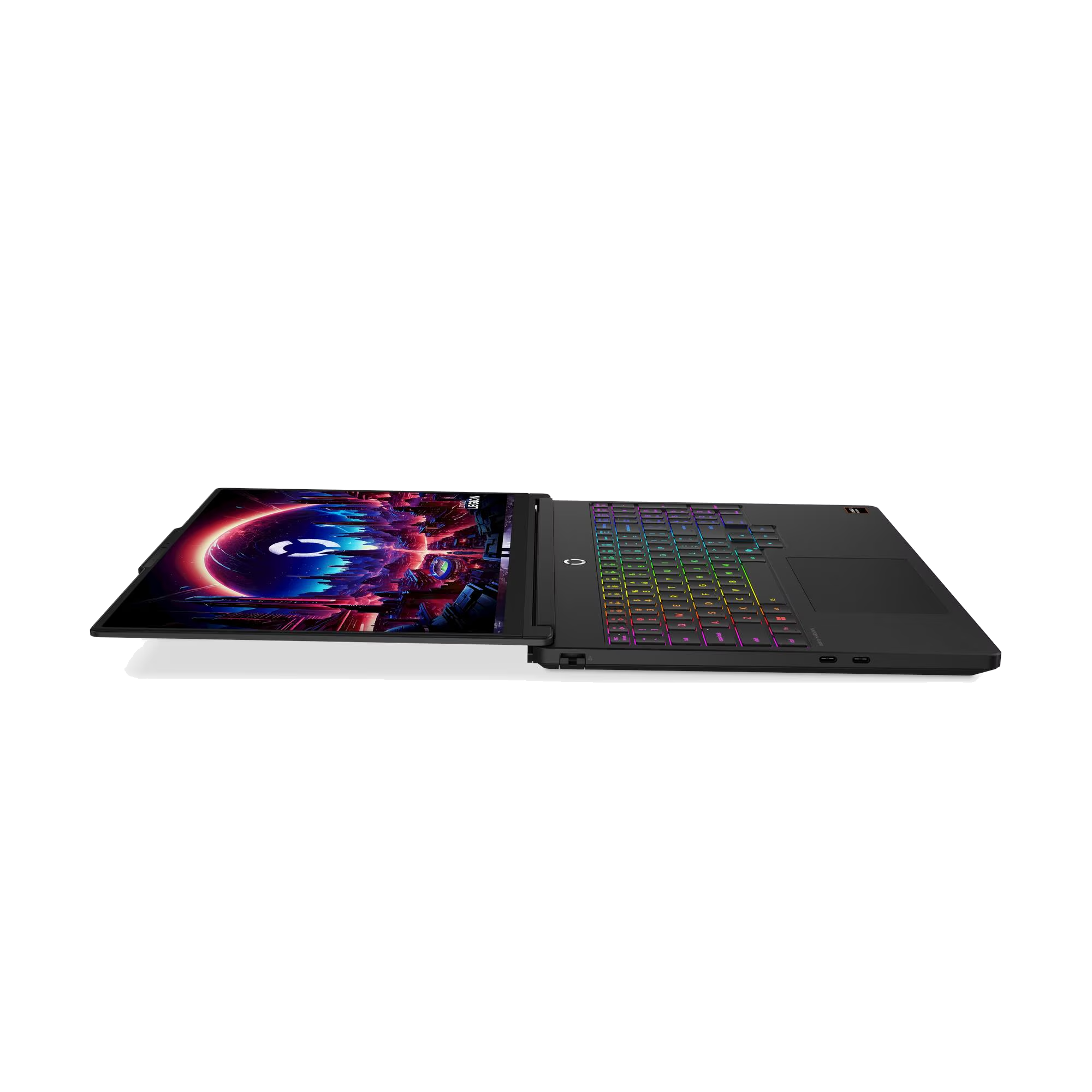 Un portátil abierto con teclado de colores y una imagen cósmica en la pantalla.