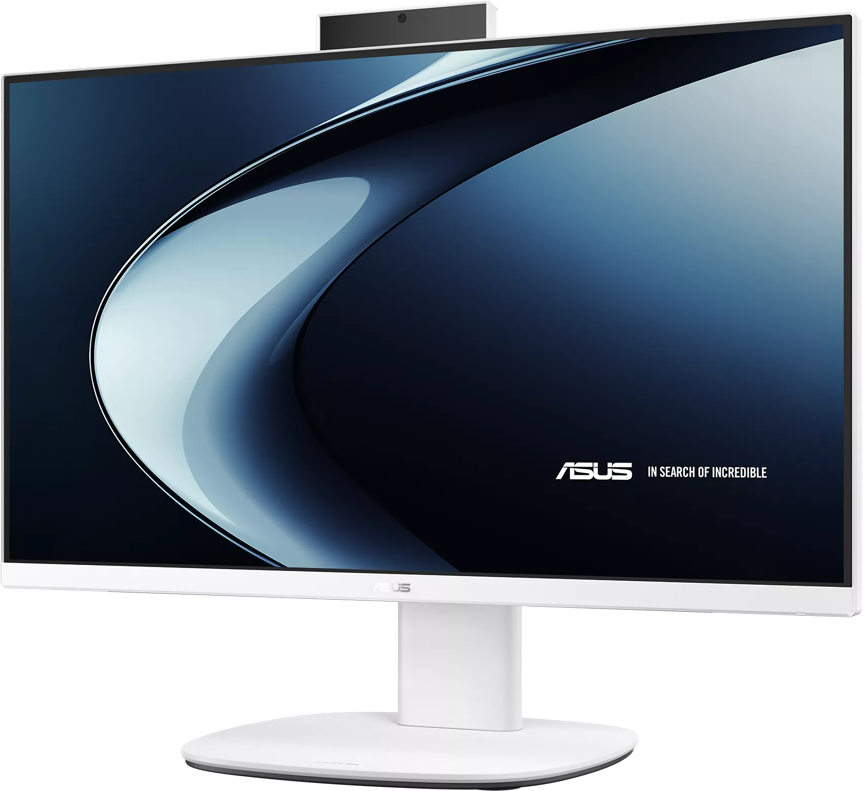 Egy fehér ASUS All-in-One PC stilizált kék hátteret és felső kamerát mutat.
