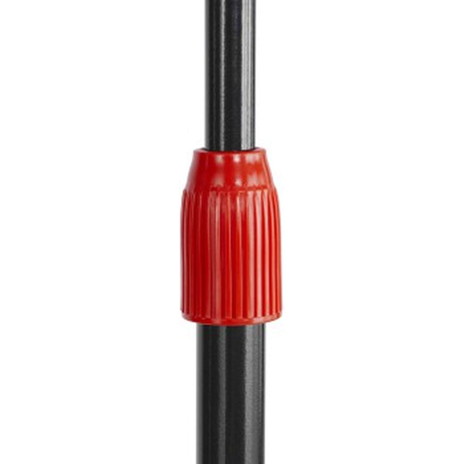 Close-up van een zwarte paal met een rood, geribd vergrendelingsmechanisme.