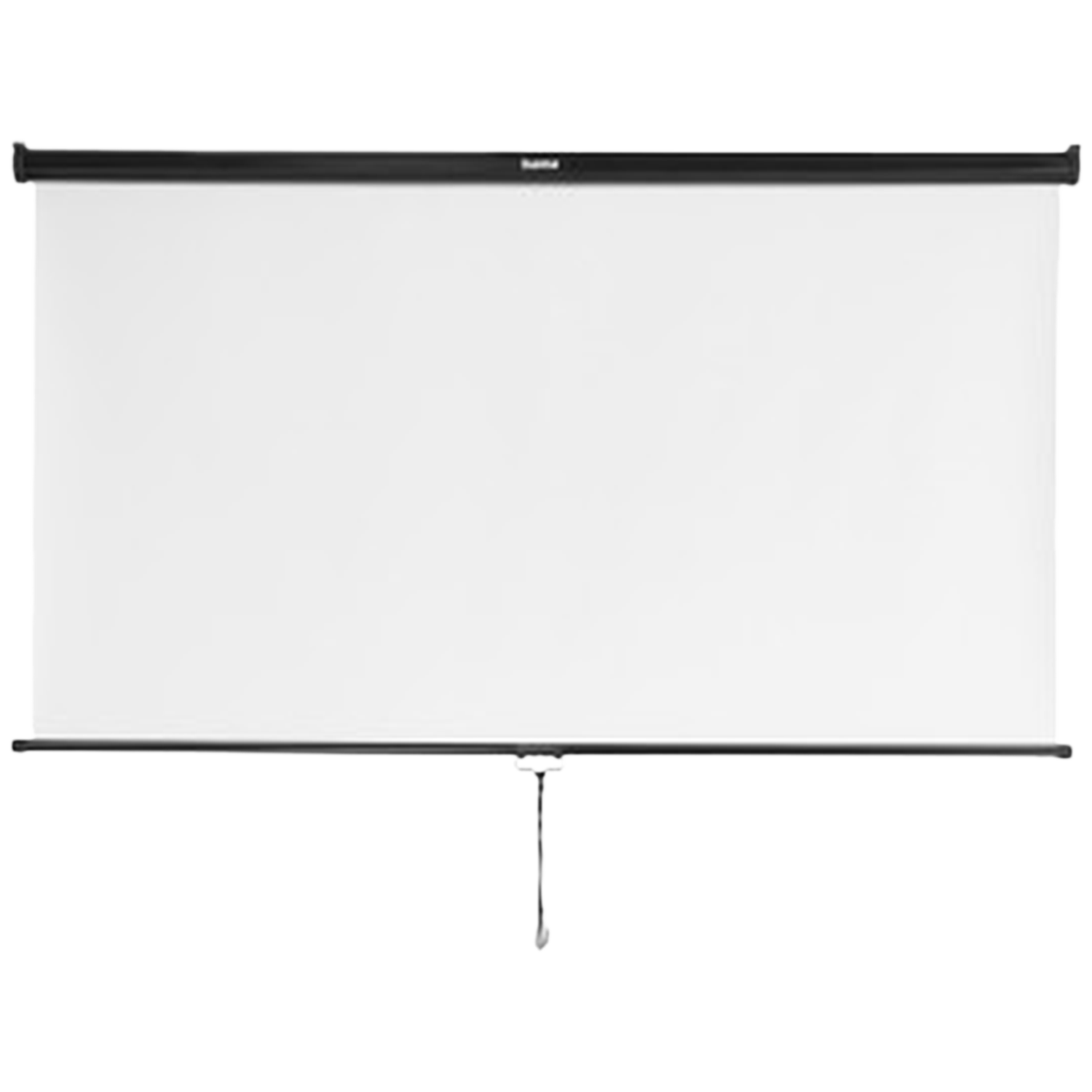 Een uitgeschoven wit projectiescherm met zwart frame en handgreep.