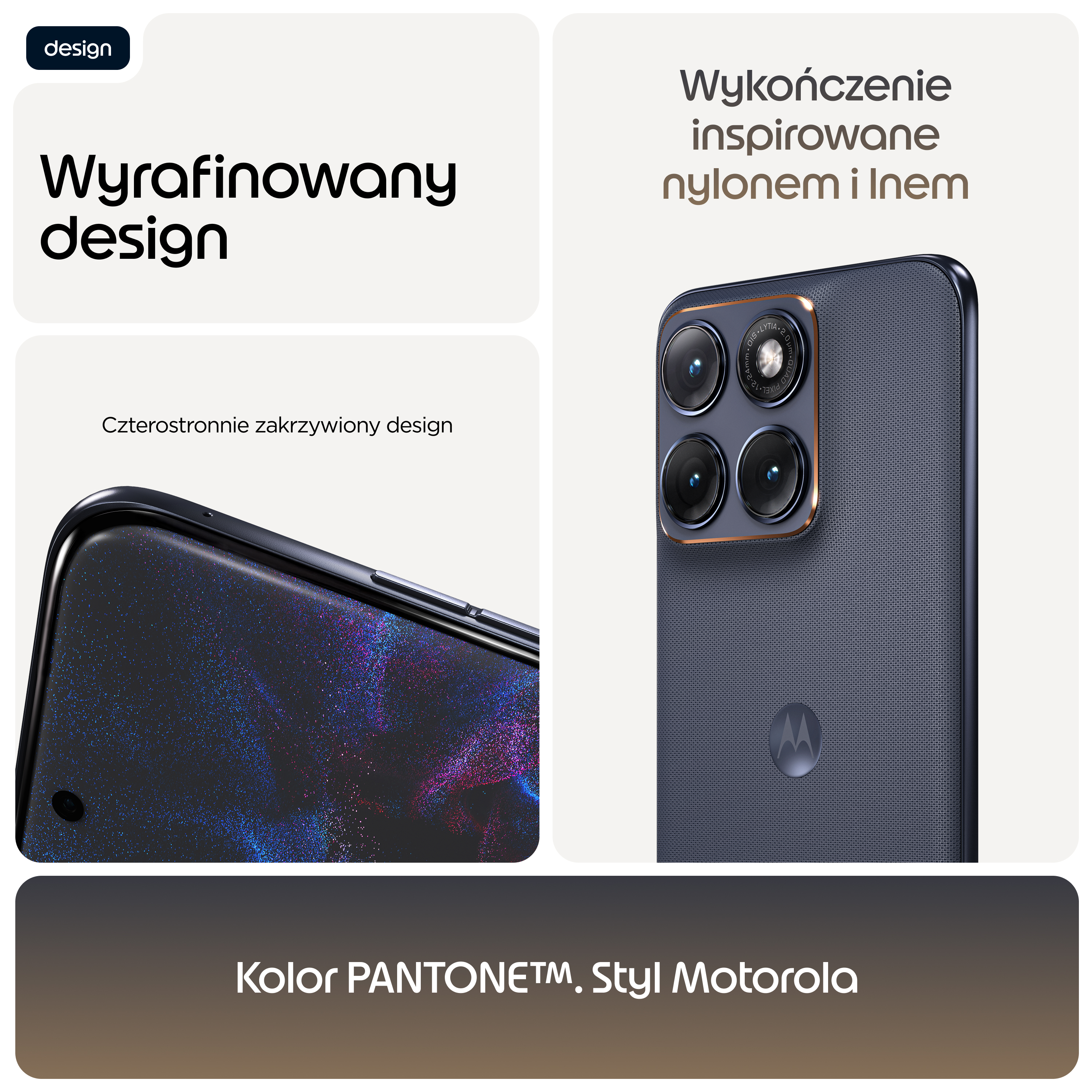 Ciemny smartfon Motorola z trzema aparatami i teksturowanym tyłem.