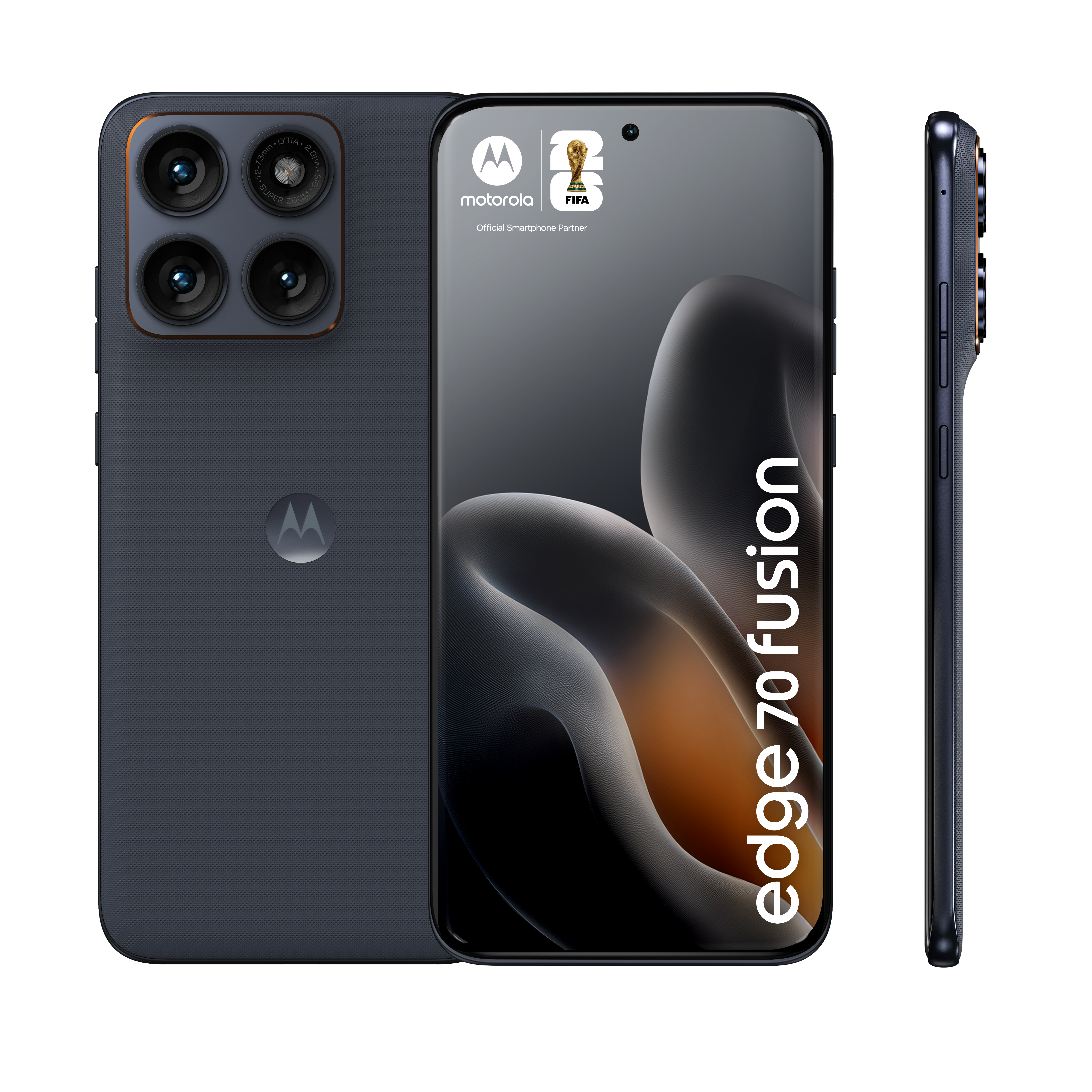 Ciemny smartfon Motorola z czterema aparatami i logo FIFA.