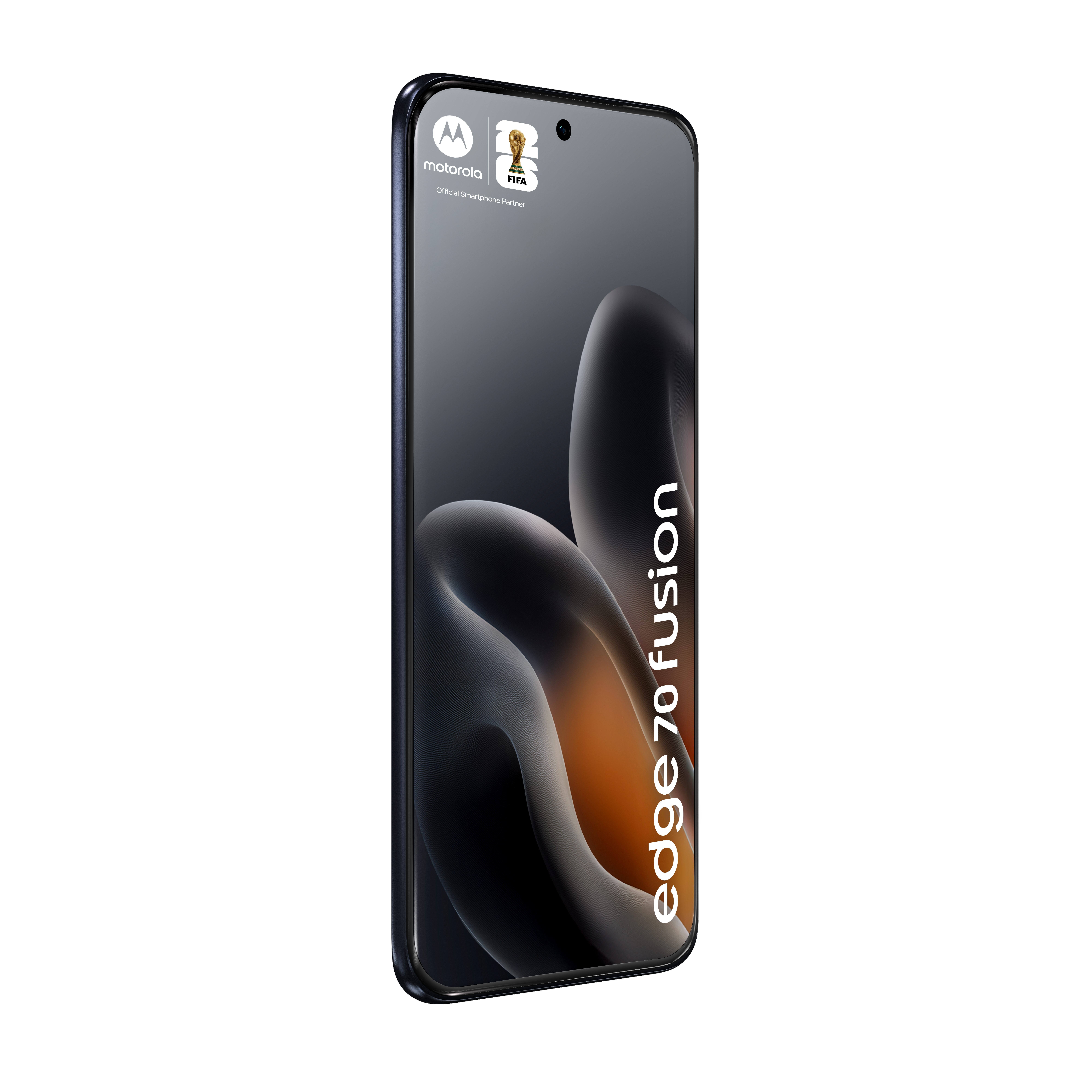 Smartfon Motorola Edge 70 Fusion z logo FIFA i abstrakcyjnym designem.