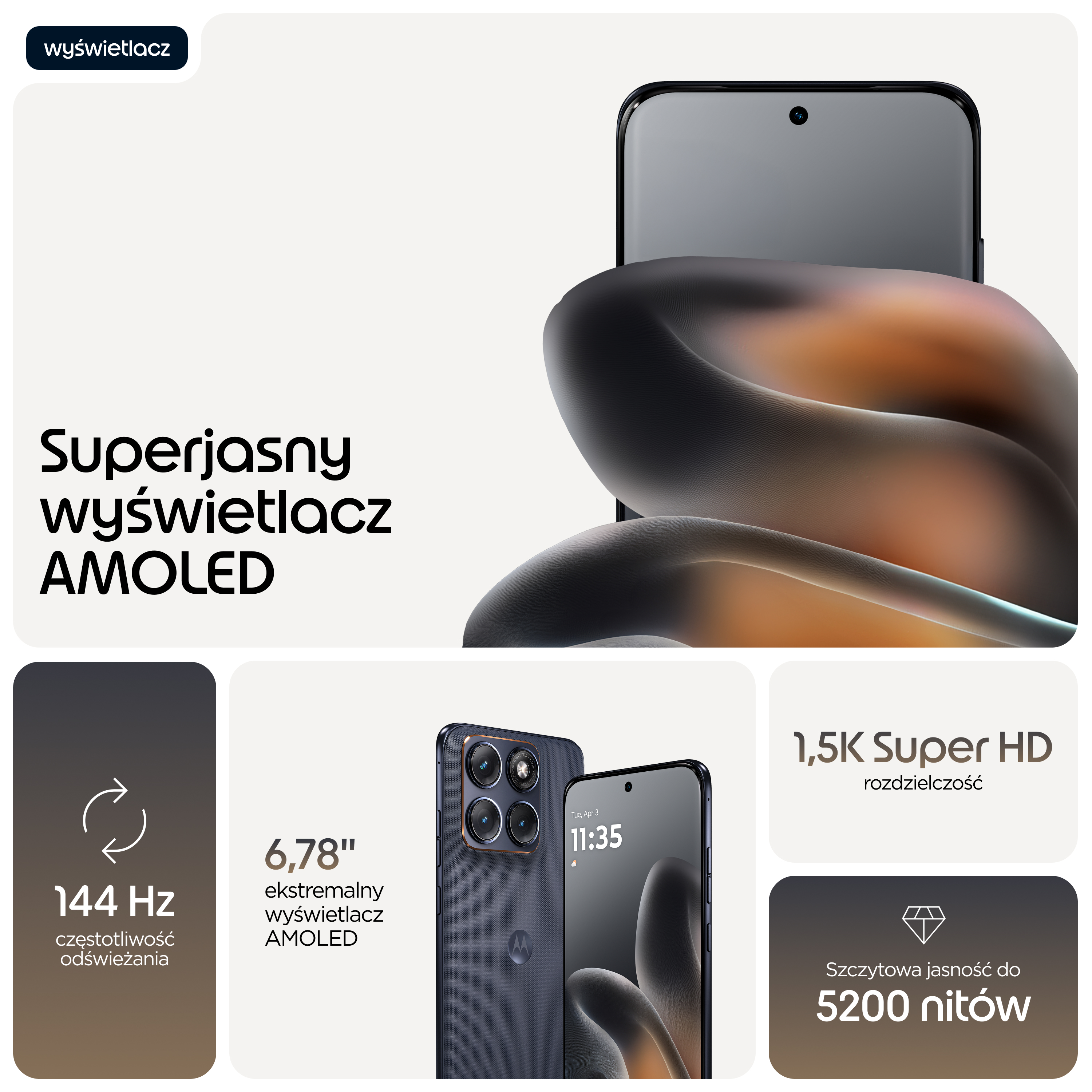 Smartfon z ekranem AMOLED 144 Hz 6,78", rozdzielczością 1,5K Super HD i jasnością szczytową 5200 nitów.