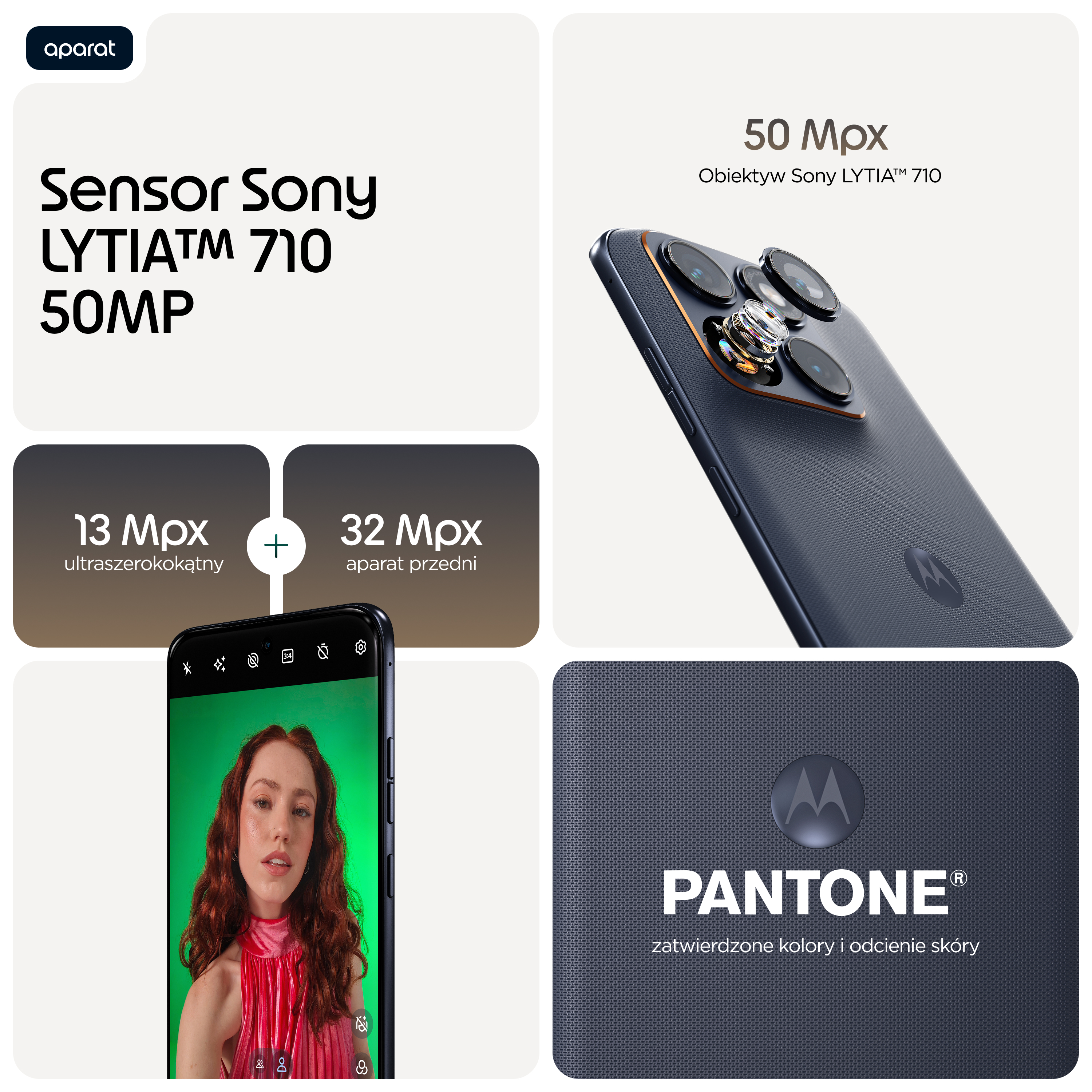 Szczegóły smartfona: 50MP sensor, 13MP ultraszerokokątny, 32MP aparat przedni. Kolory Pantone.