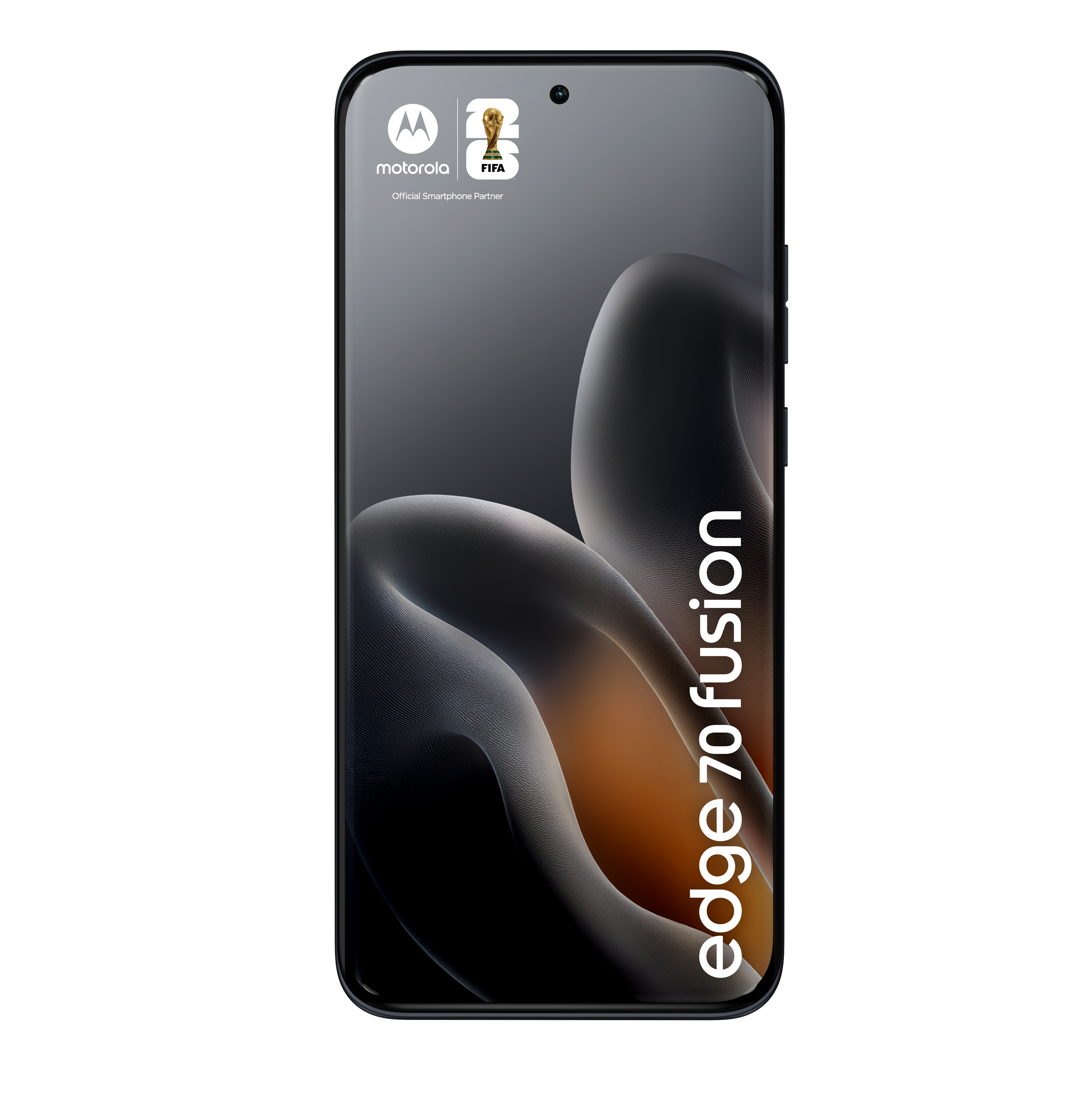 Smartfon Motorola Edge 70 Fusion z logo FIFA i abstrakcyjnym tłem.