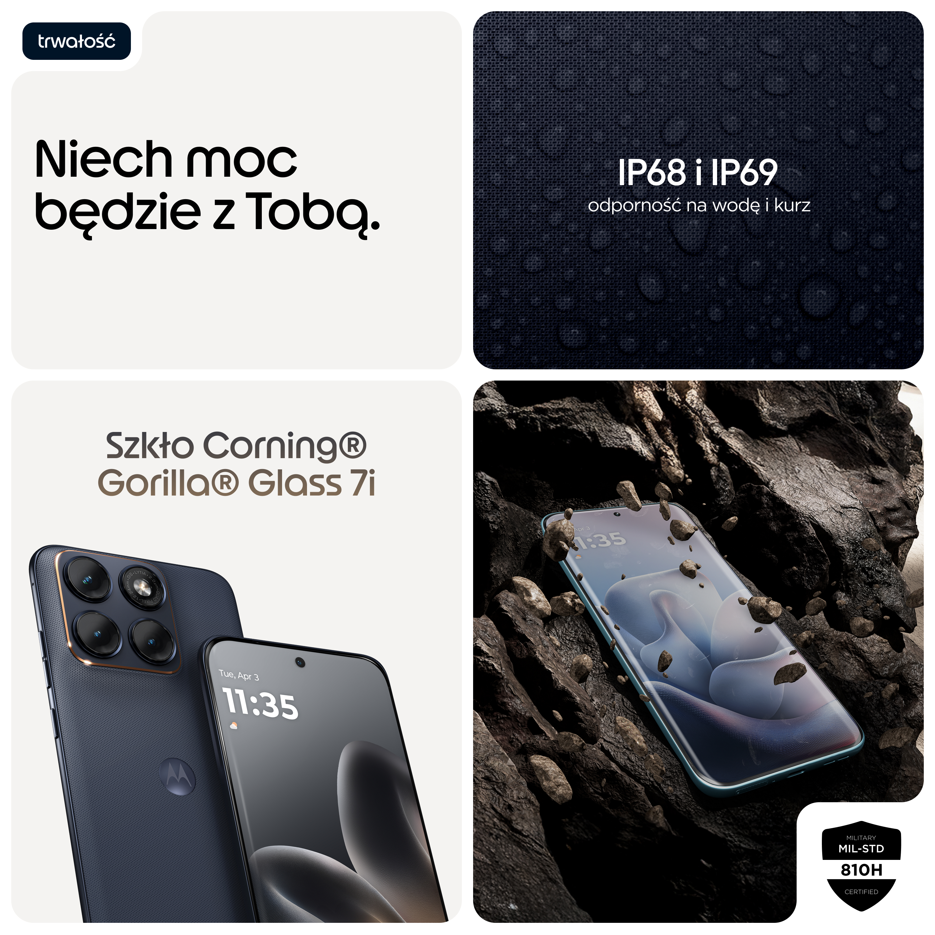 Ciemnoniebieski smartfon z czterema aparatami i Gorilla Glass 7i.
