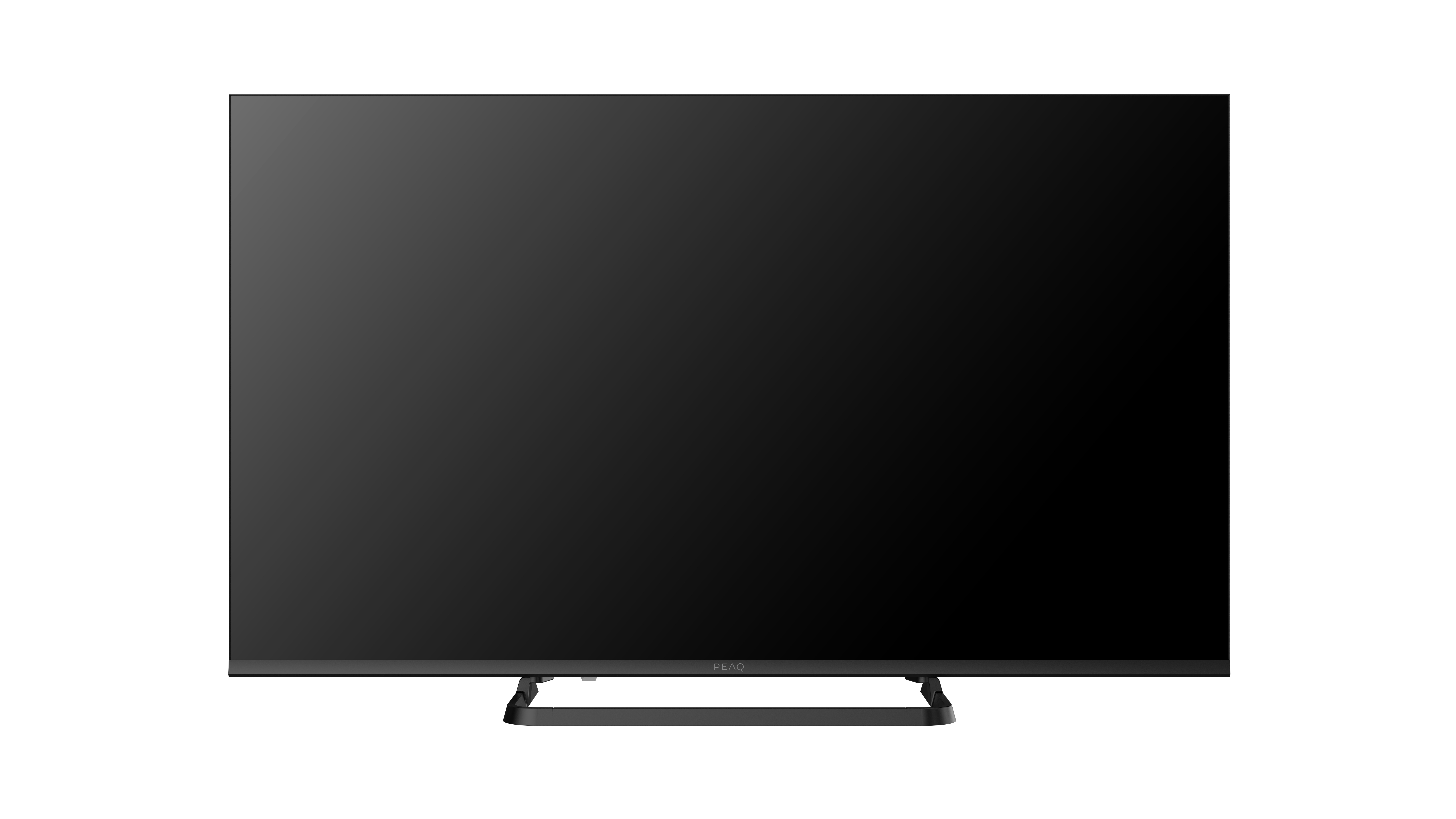 Ein schwarzer Fernseher auf einem Ständer vor weißem Hintergrund.