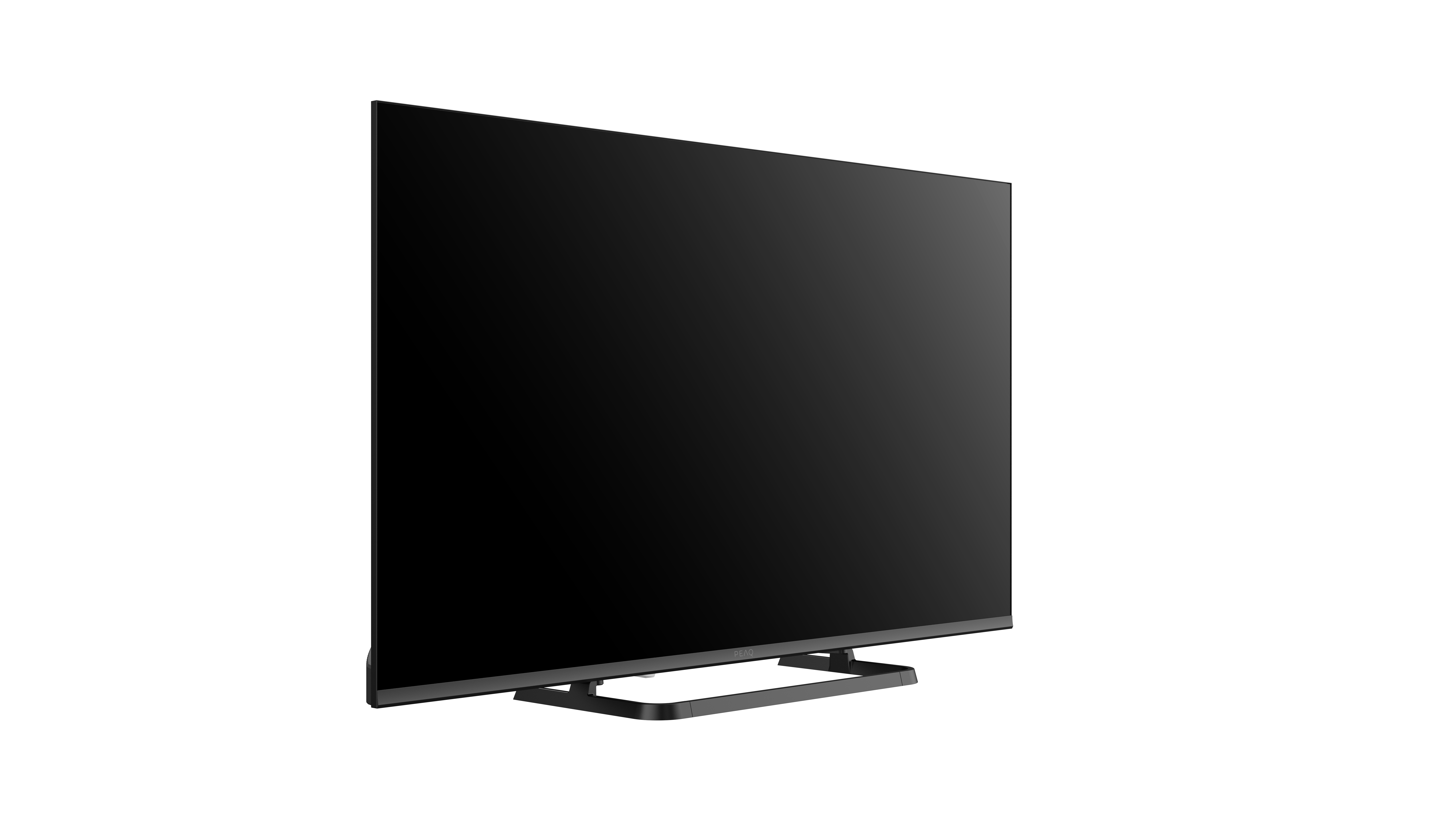 Ein schwarzer Fernseher mit einem schmalen Standfuß auf weißem Hintergrund.