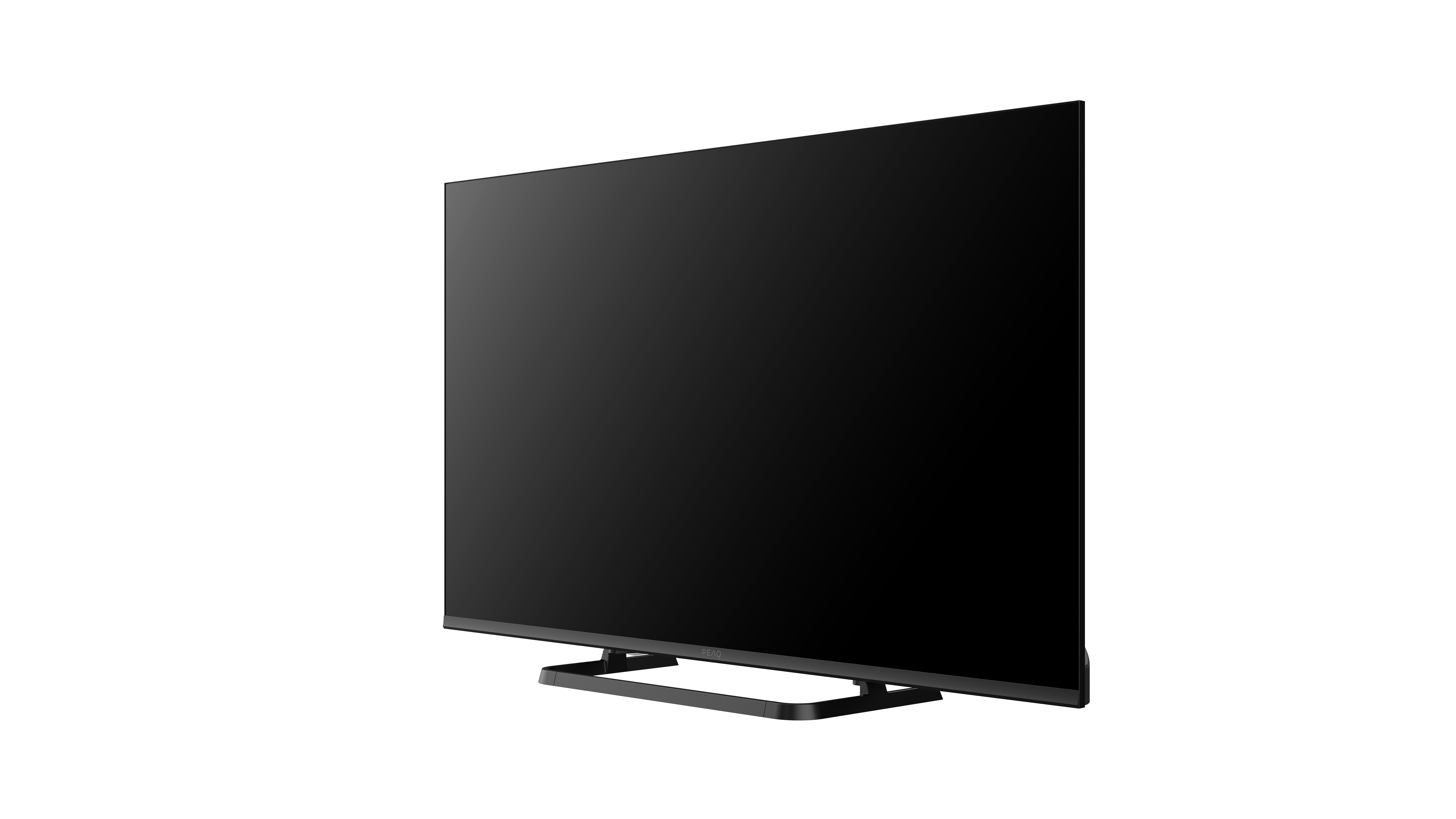 Ein schwarzer Fernseher mit einem schmalen Standfuß, aus der Seitenansicht.