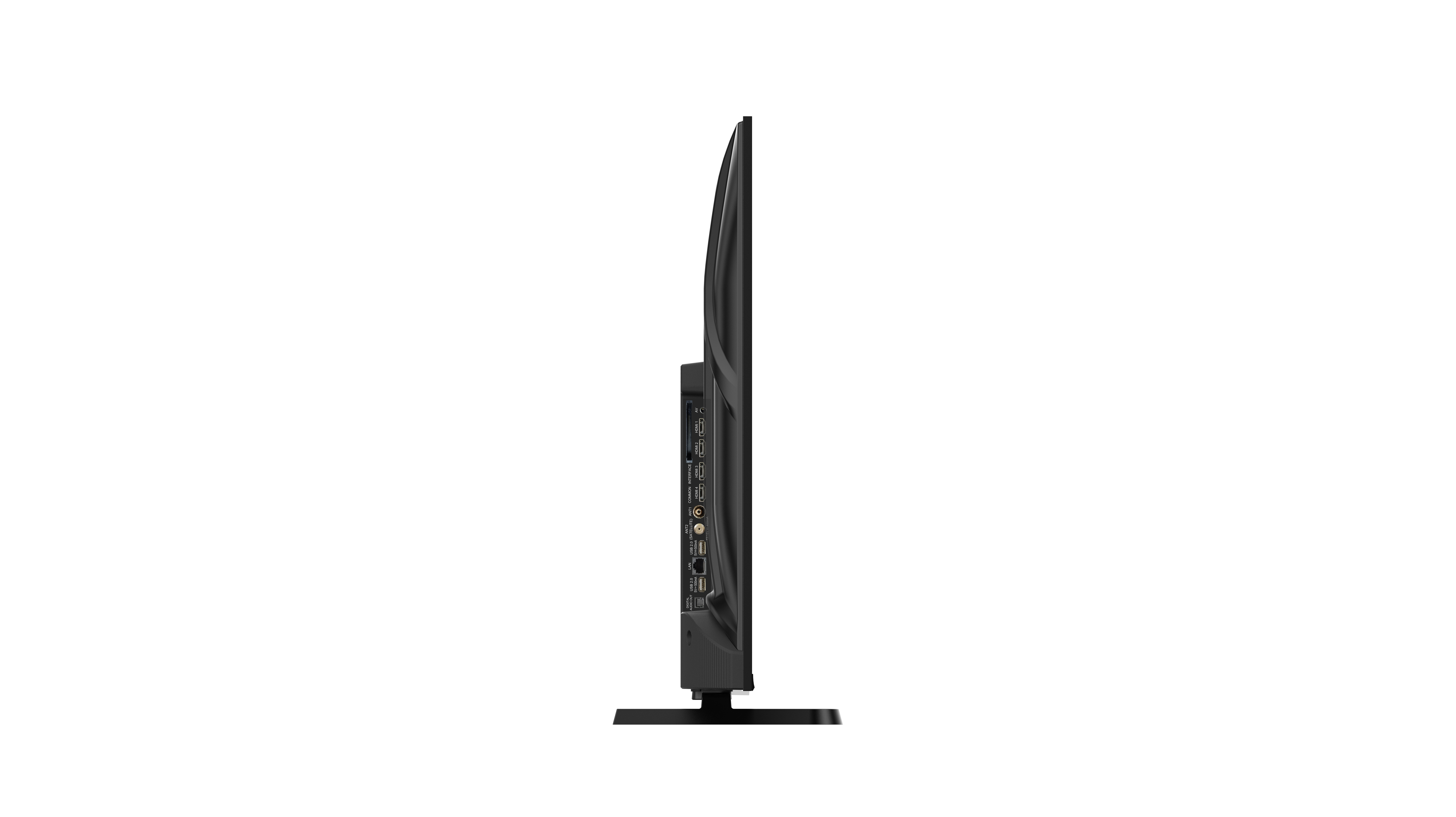 Seitenansicht eines schwarzen Flachbildfernsehers mit Anschlüssen wie HDMI, USB, LAN.