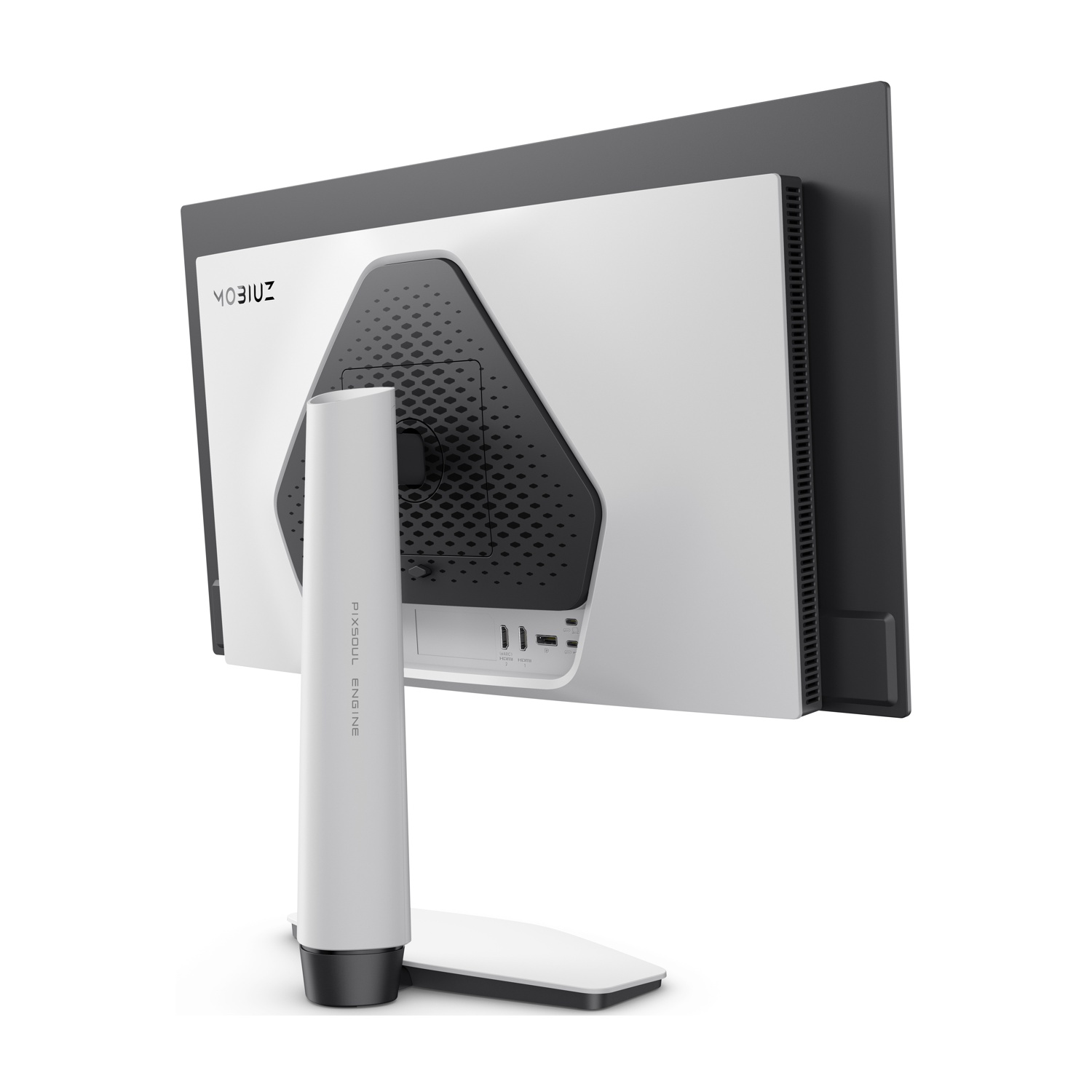 Retro di un monitor bianco con supporto nero e griglia di ventilazione.