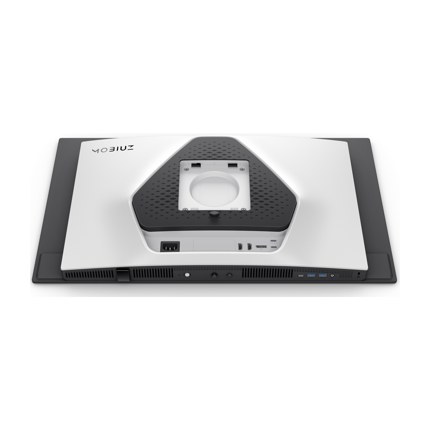 Vista posteriore di un monitor bianco e nero con porte e ventilazione. Logo MOBIUS visibile.