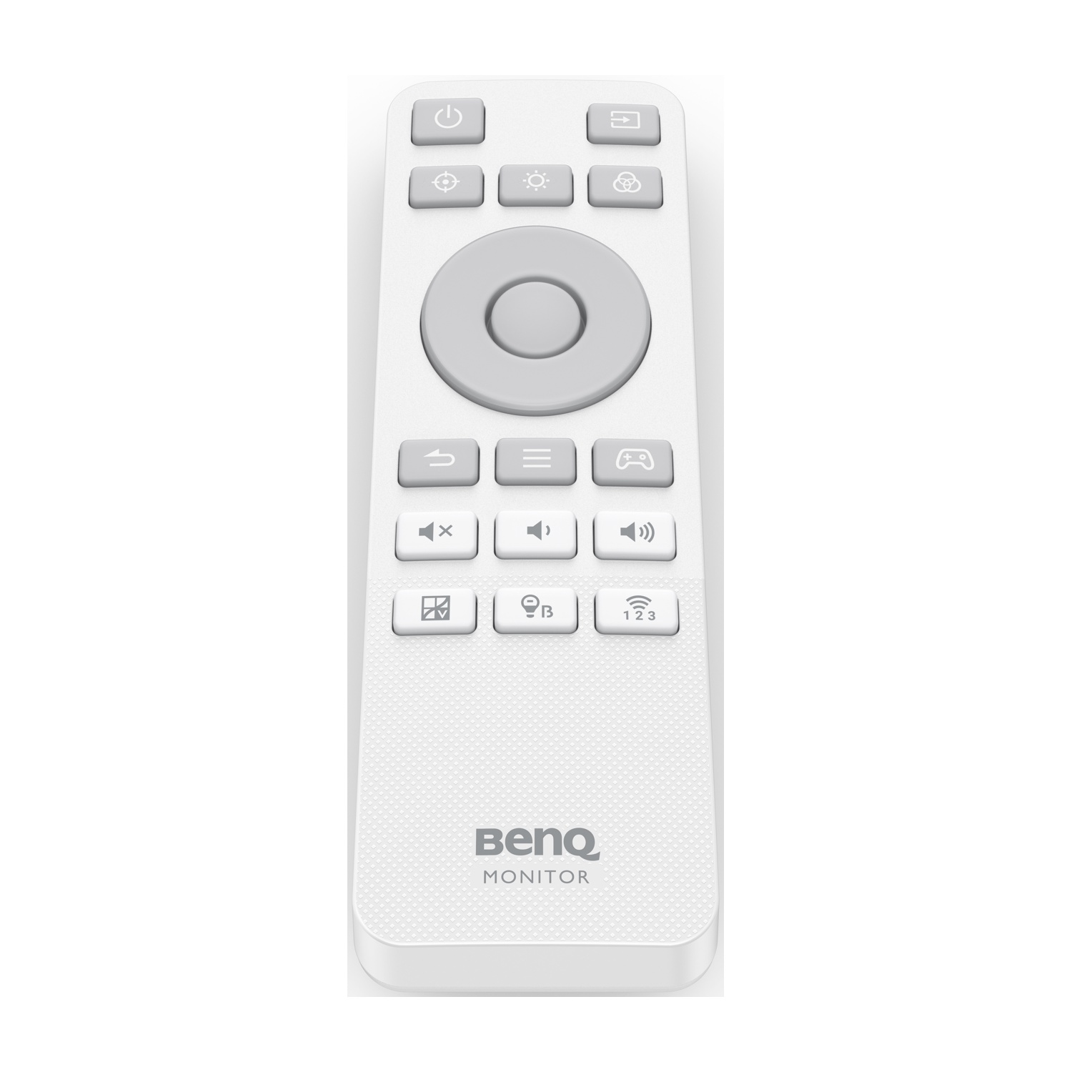 Un telecomando bianco per monitor BenQ con pulsanti grigi.