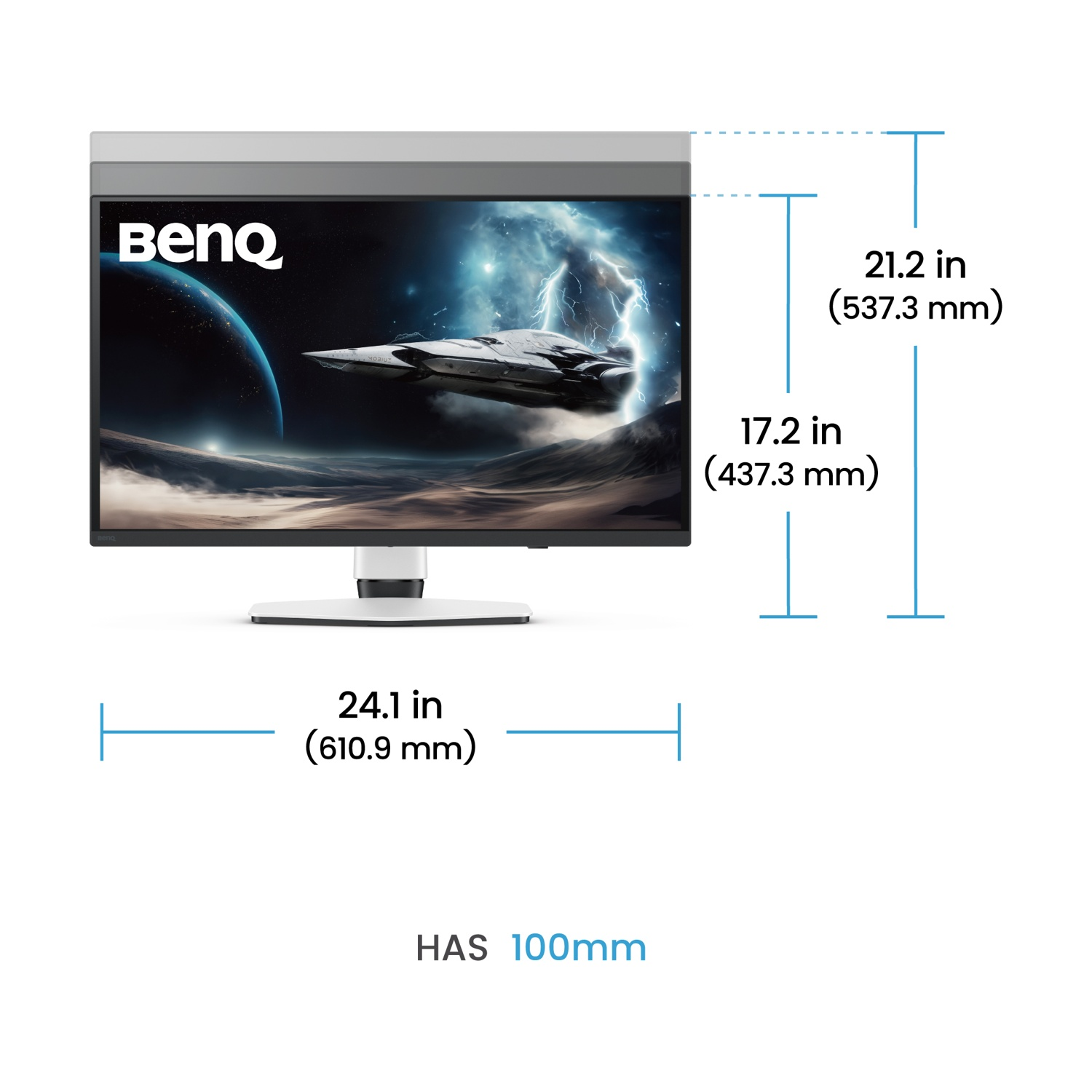 Monitor BenQ con sfondo spaziale e dimensioni di larghezza e altezza.