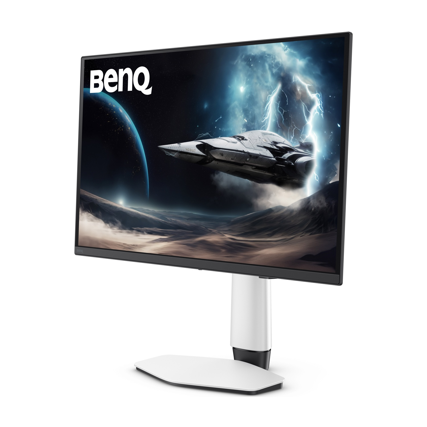 Monitor BenQ con navicella spaziale vicino a pianeta e fulmini.