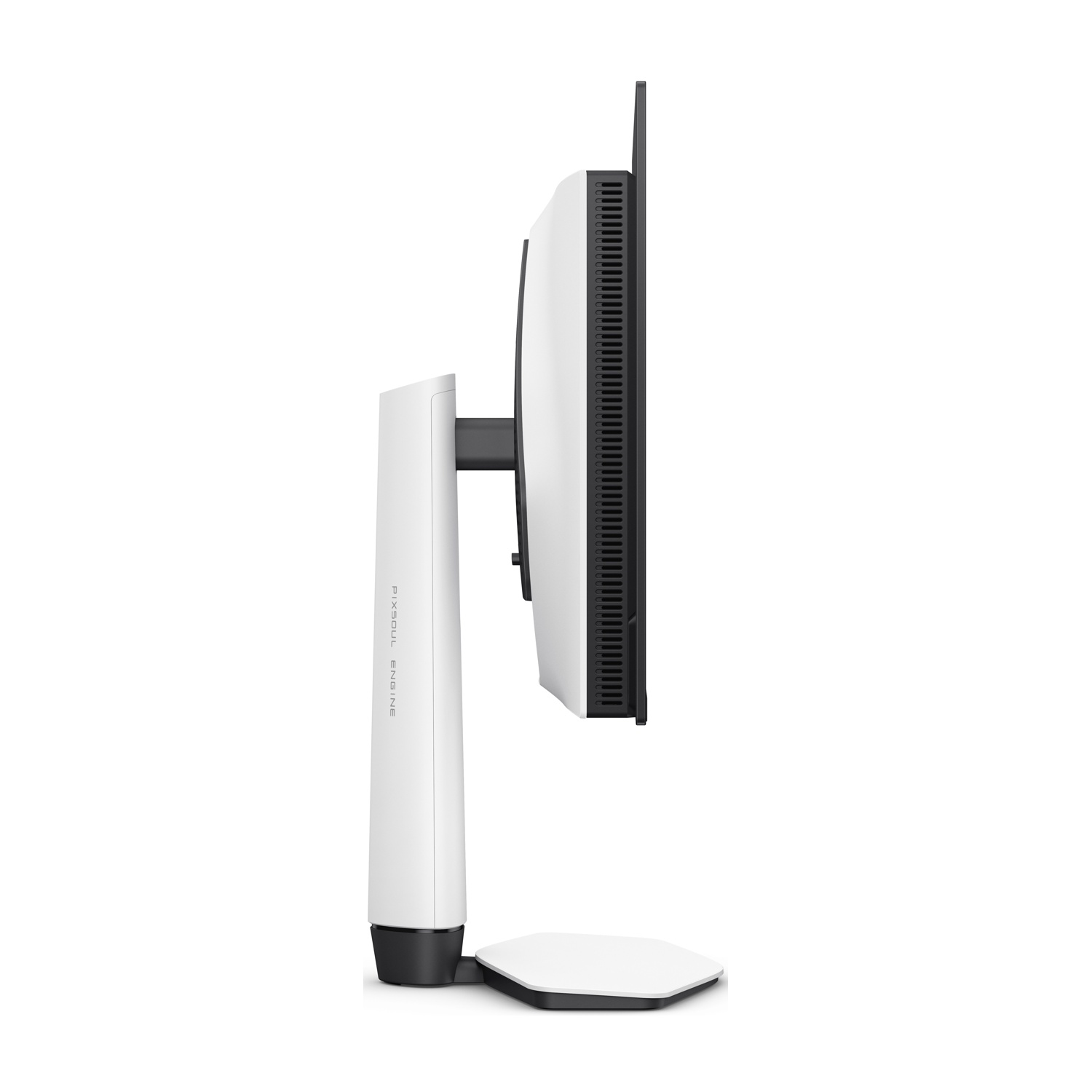 Un monitor bianco con supporto e base neri su sfondo bianco.