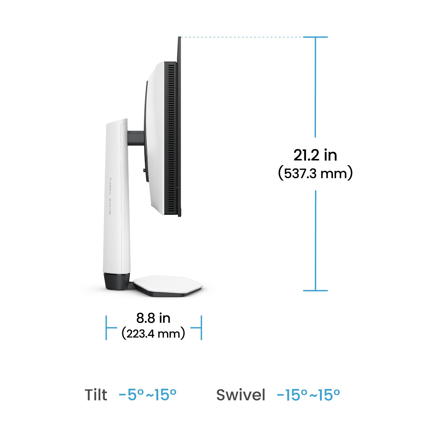 Dimensioni supporto monitor: altezza 21,2 pollici, larghezza 8,8 pollici. Inclinazione -5° a 15°, rotazione -15° a 15°.