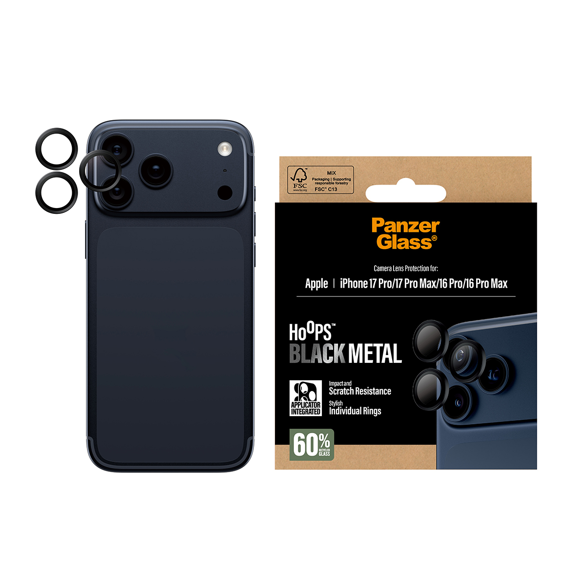 Schwarze Panzer Glass Linsenringe für iPhones mit Montagehilfe.