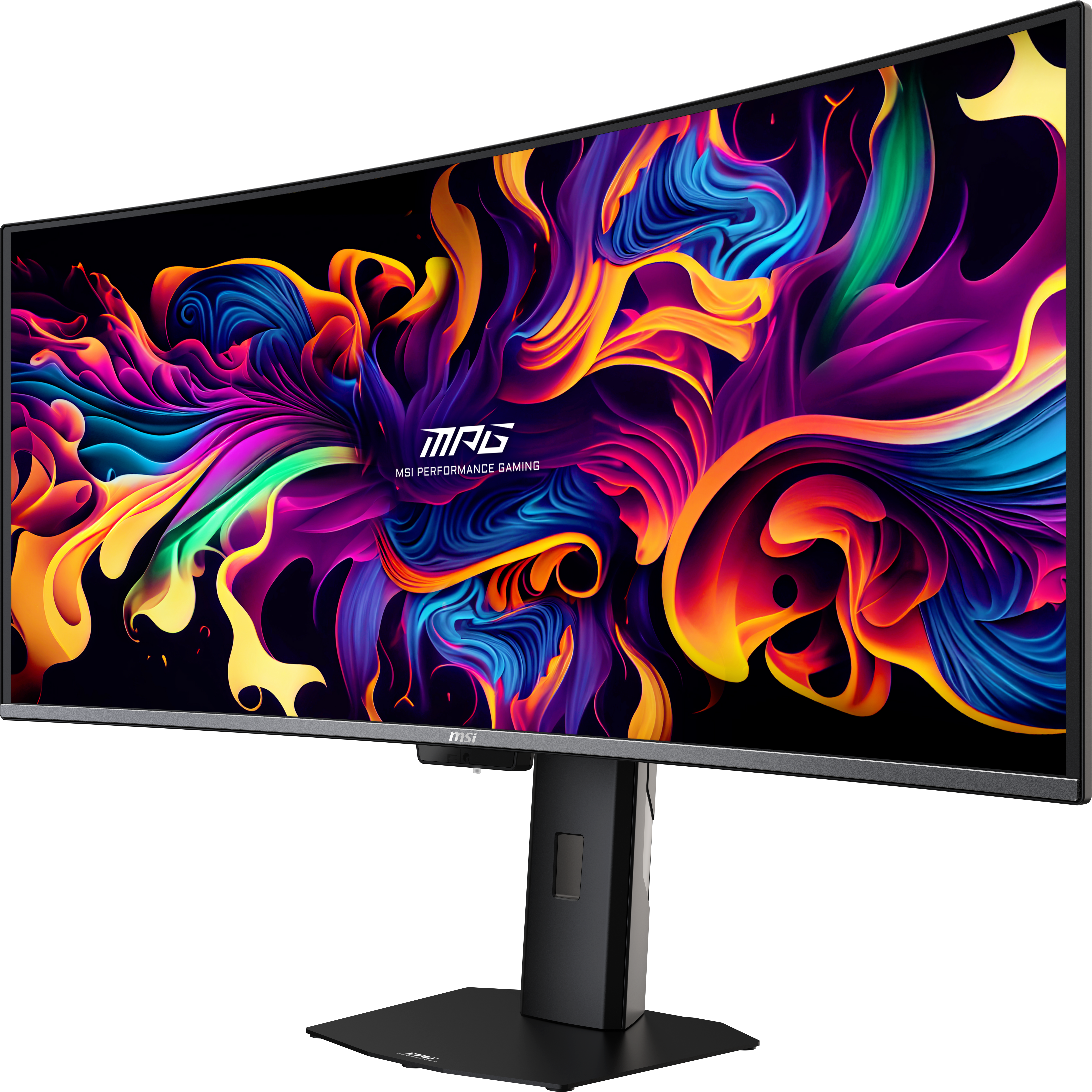 Ein gebogener MSI Gaming-Monitor mit einem bunten, abstrakten Hintergrundbild.