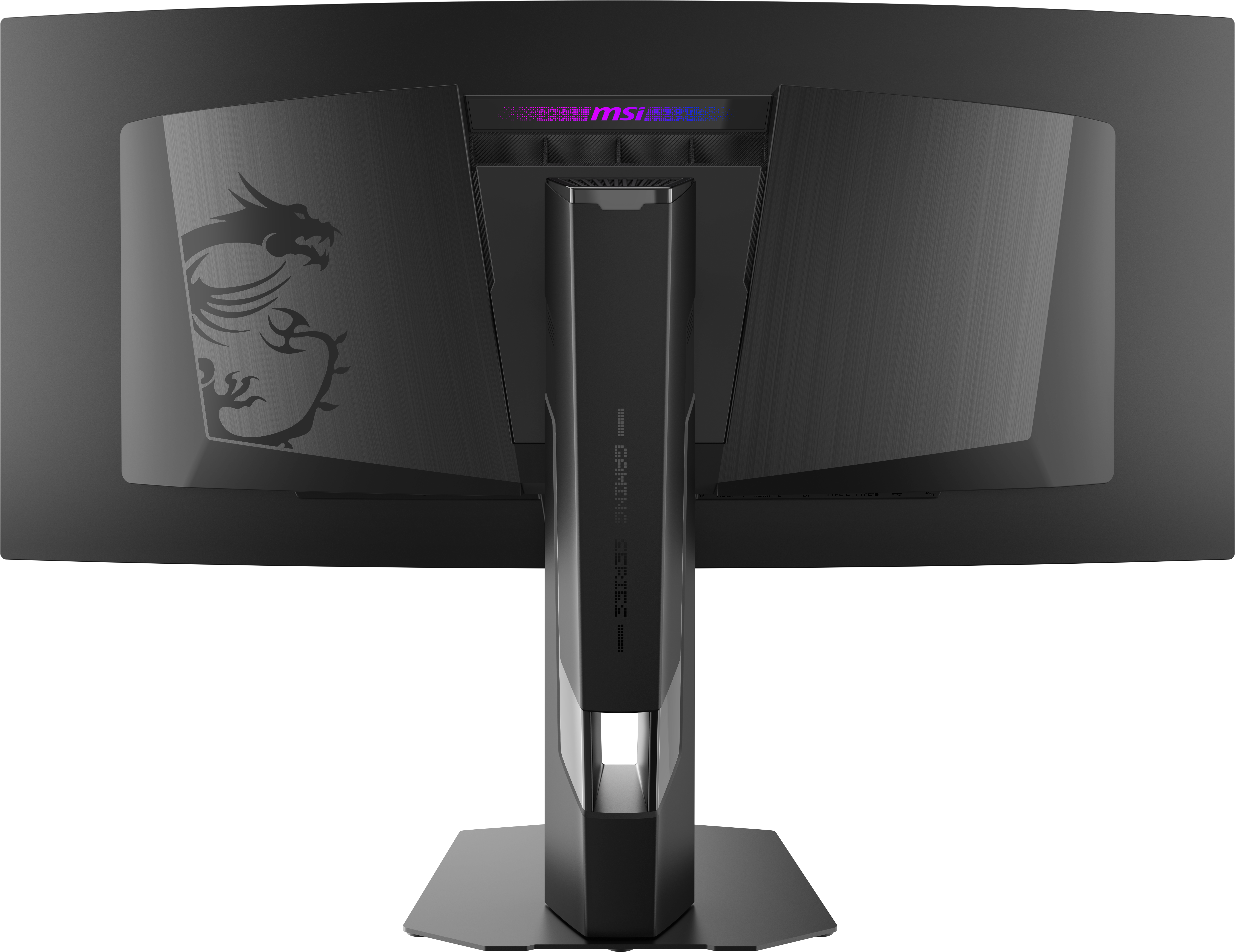 Rückseite eines schwarzen MSI Gaming Monitors mit Drachenlogo und RGB-Beleuchtung.
