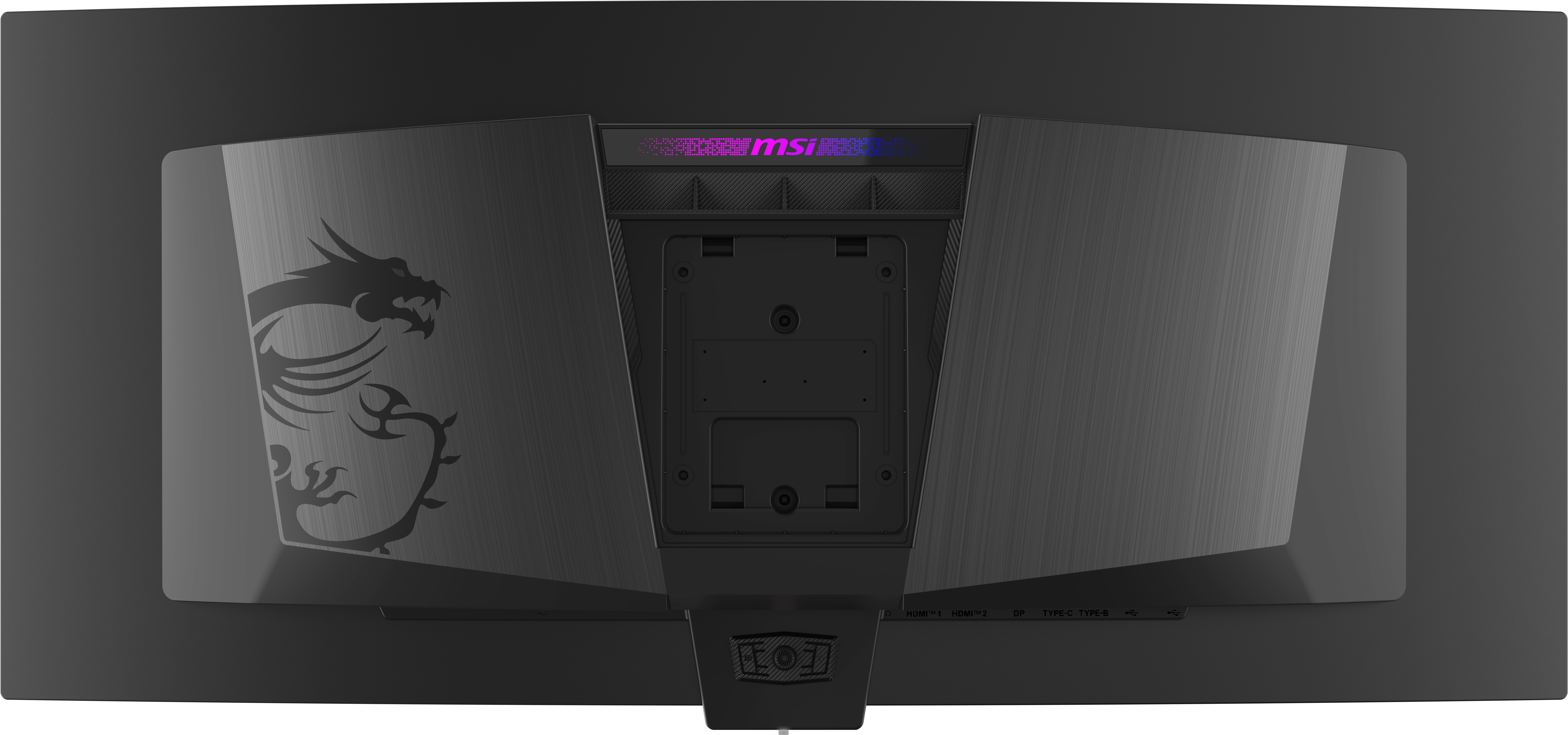 Rückseite eines schwarzen Monitors mit MSI-Logo und Drachenmotiv.