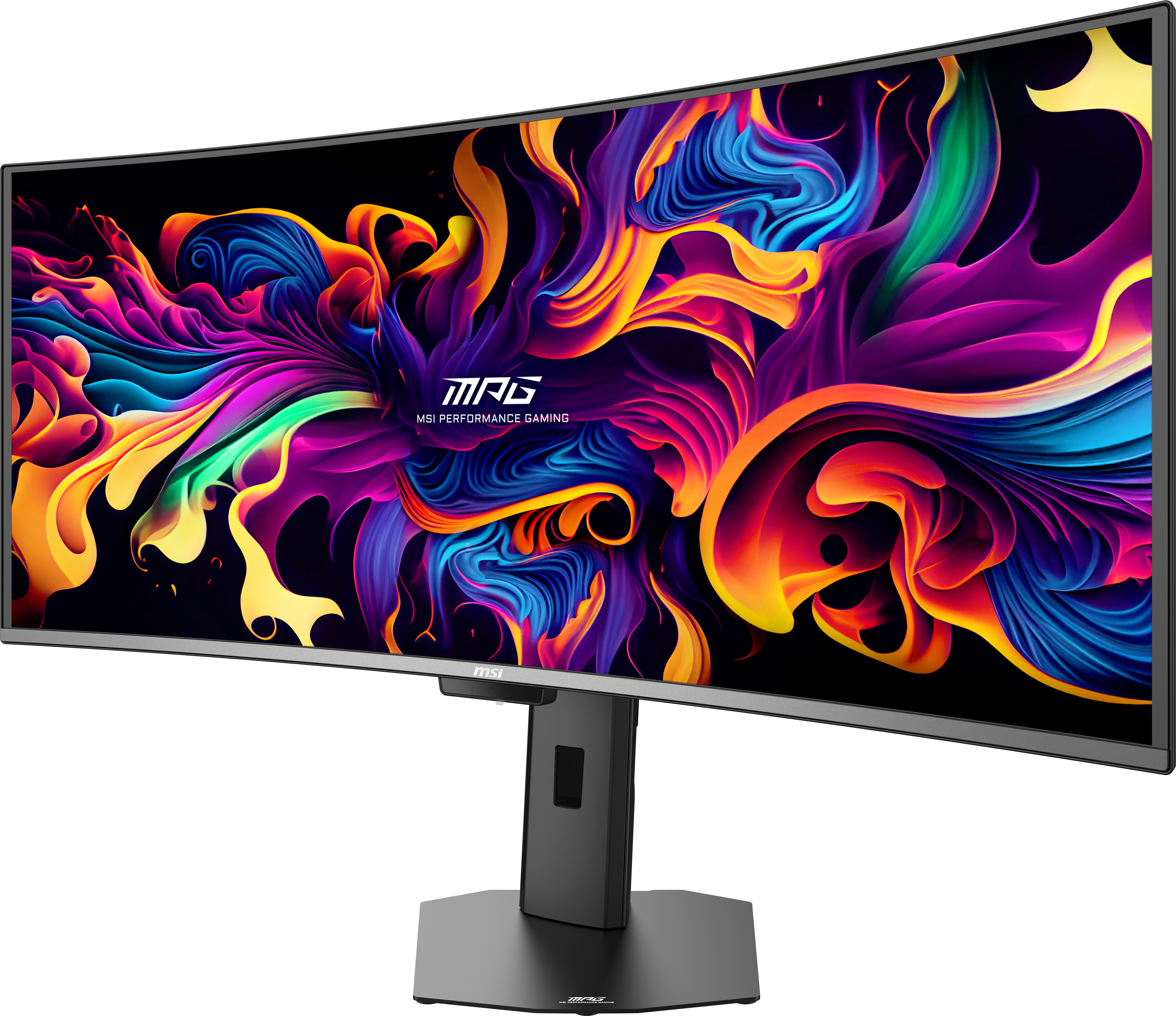 Ein gekrümmter MSI-Monitor mit lebendigem, abstraktem Hintergrund und einem schwarzen Ständer.