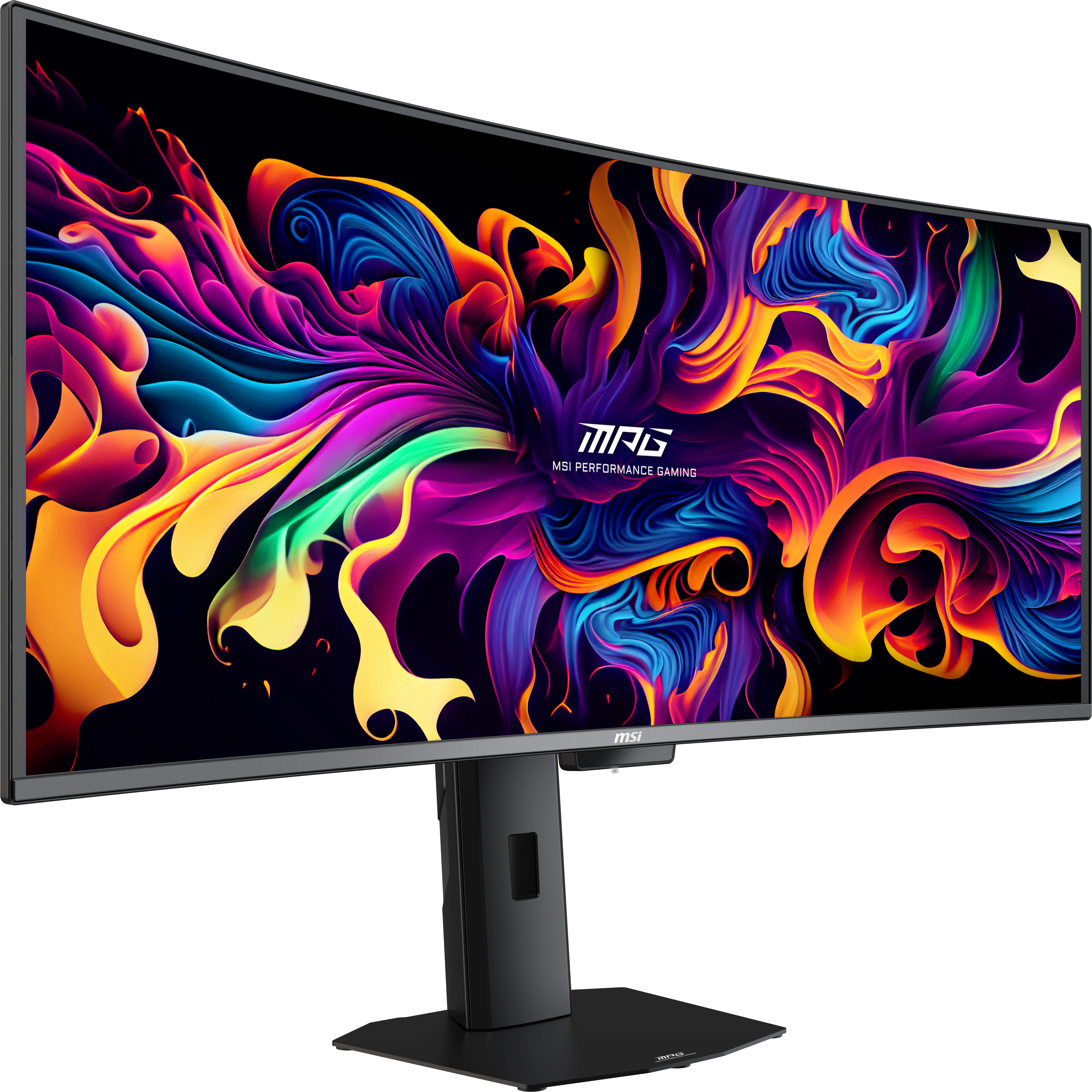 Ein gebogener MSI-Gaming-Monitor mit einem bunten, abstrakten Hintergrund.