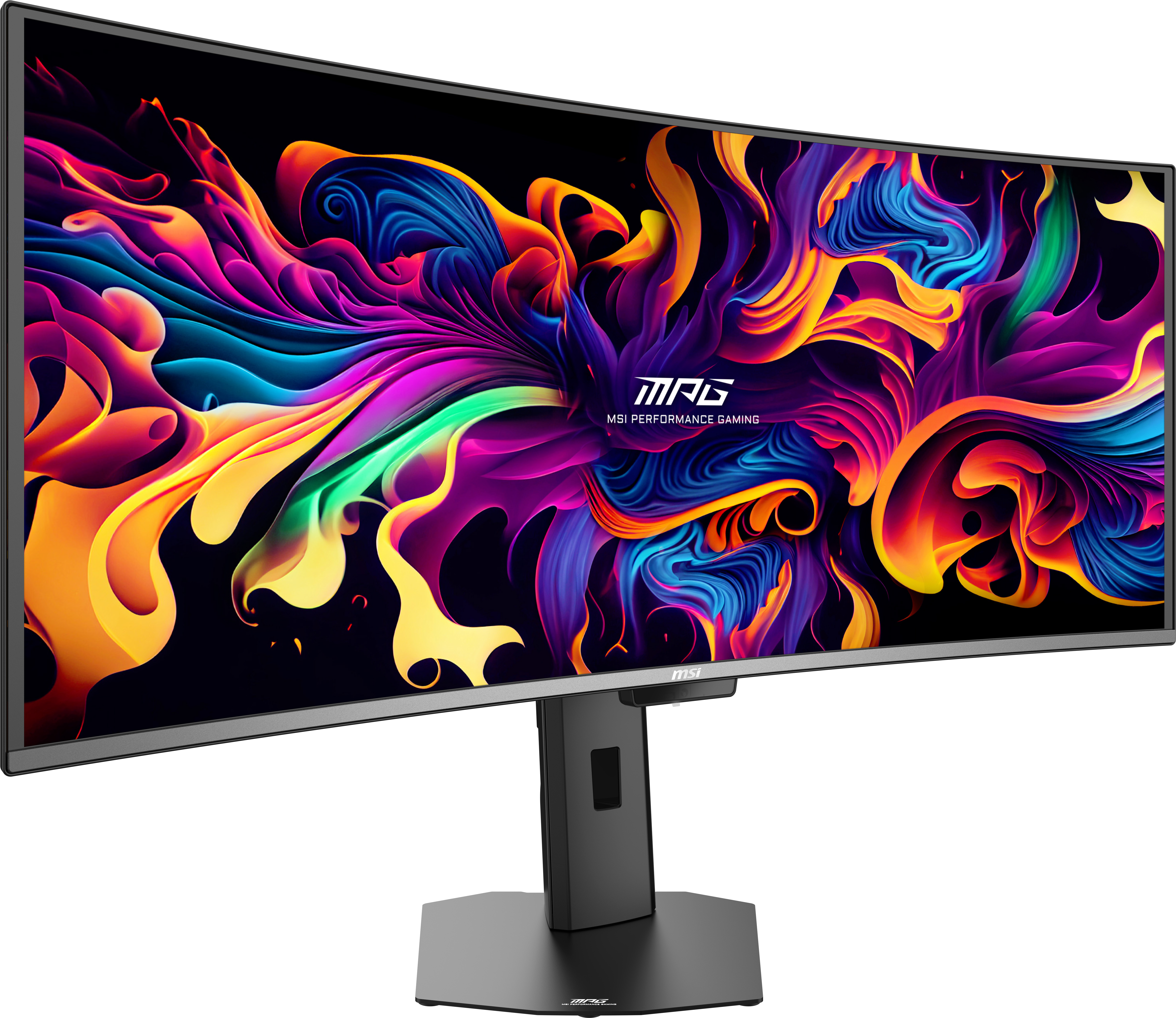 Ein gekrümmter MSI-Monitor zeigt lebendige, abstrakte Kunst mit fließenden Formen in Lila, Blau und Orange.