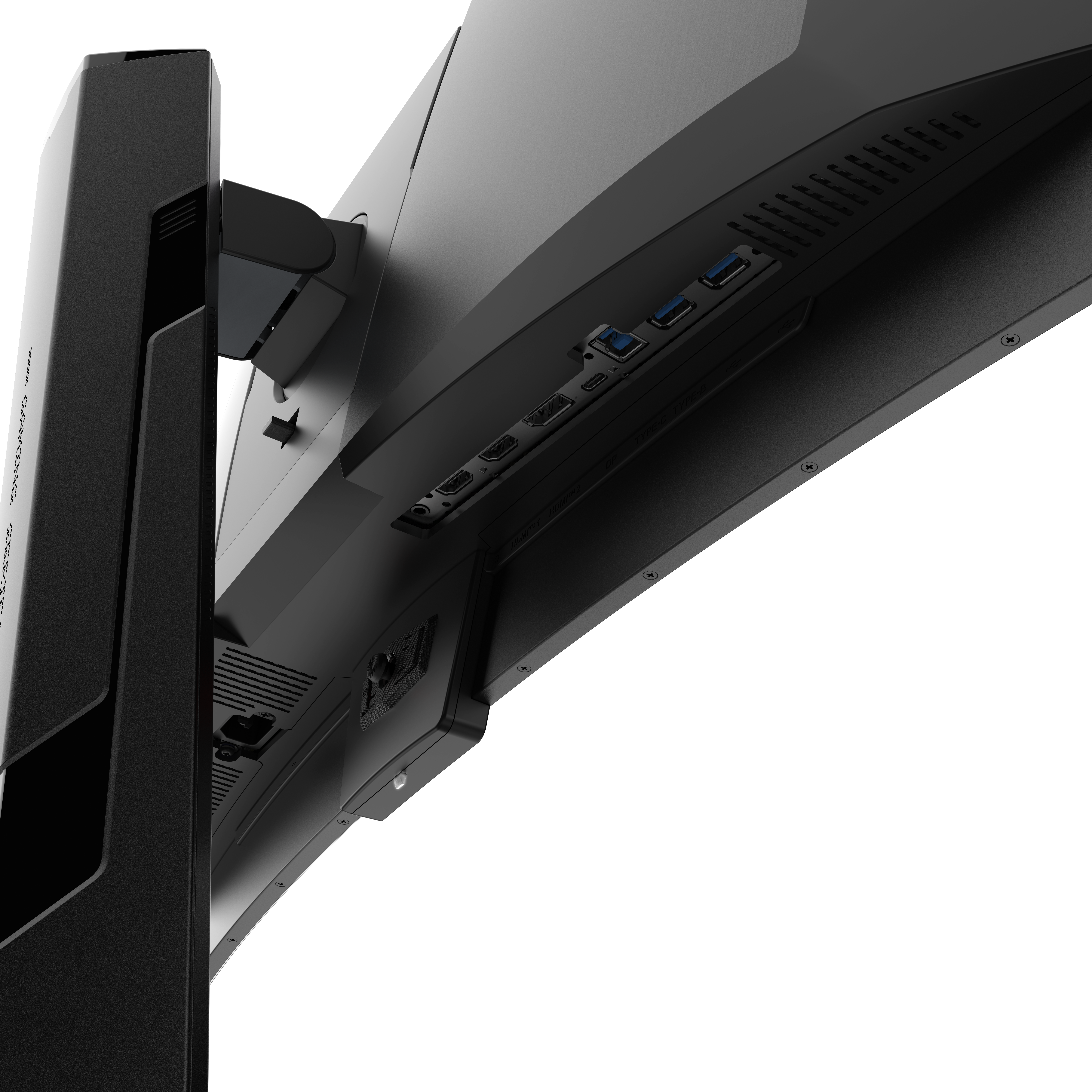 Rückansicht eines schwarzen Monitorständers und Anschlüssen: USB, HDMI, DisplayPort und Strom.
