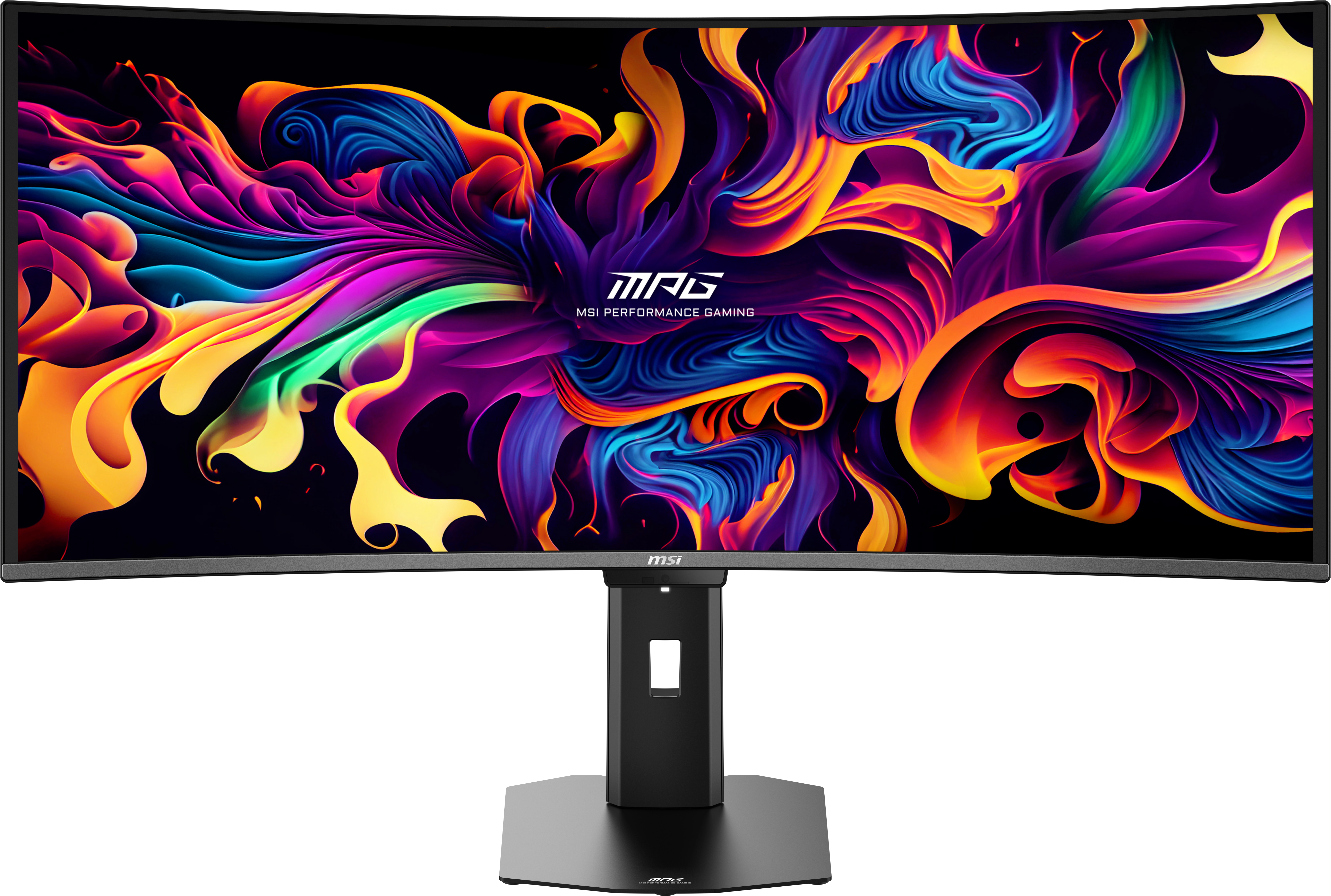 Gekrümmter MSI-Monitor zeigt lebendige, abstrakte, farbenfrohe Kunstwerke mit MSI-Logo.