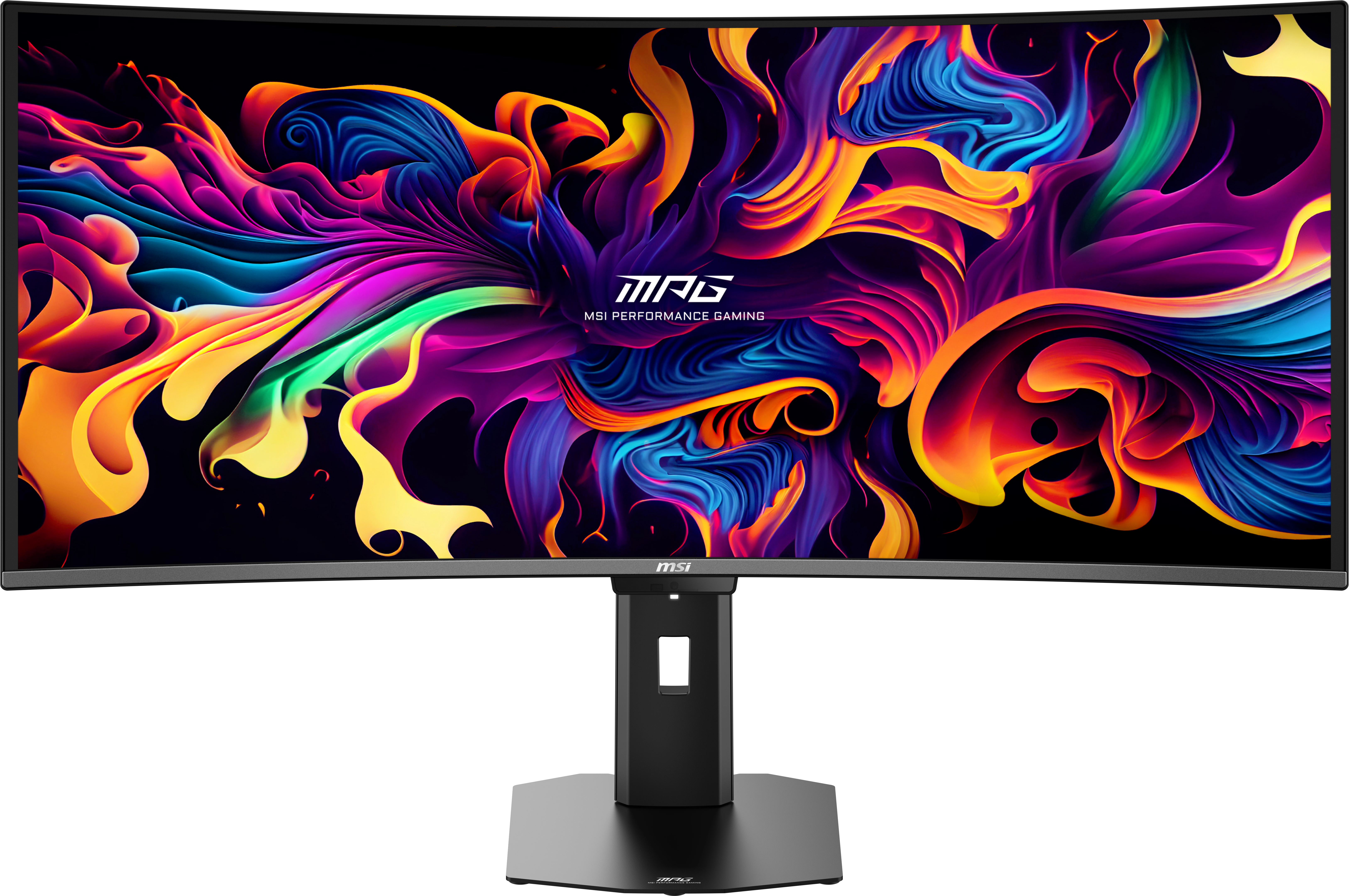 Ein gekrümmter MSI-Monitor zeigt ein lebendiges, abstraktes Hintergrundbild mit fließenden Farben wie Blau, Pink, Orange und Gelb.