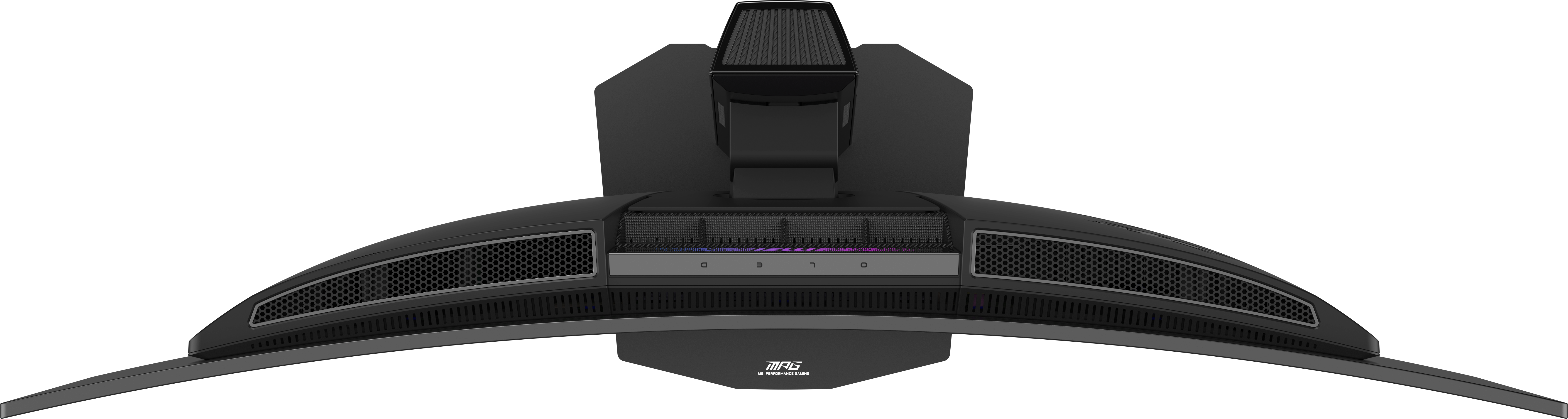 Ein schwarzer gebogener Gaming-Monitorständer mit Lüftungsgittern und RGB-Beleuchtung.