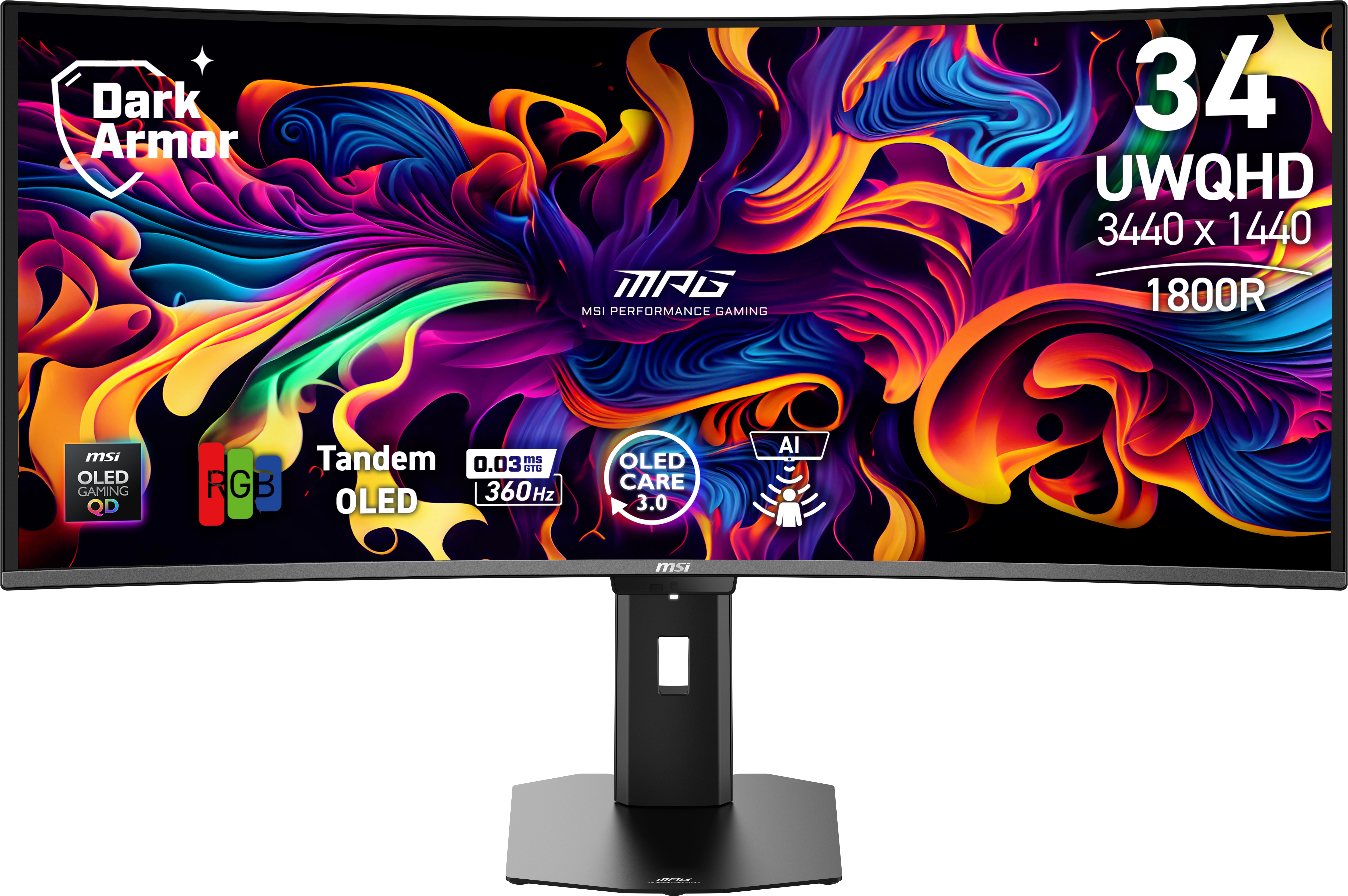 Ein gekrümmter MSI Gaming-Monitor mit einem bunten, abstrakten Hintergrund und technischen Spezifikationen.