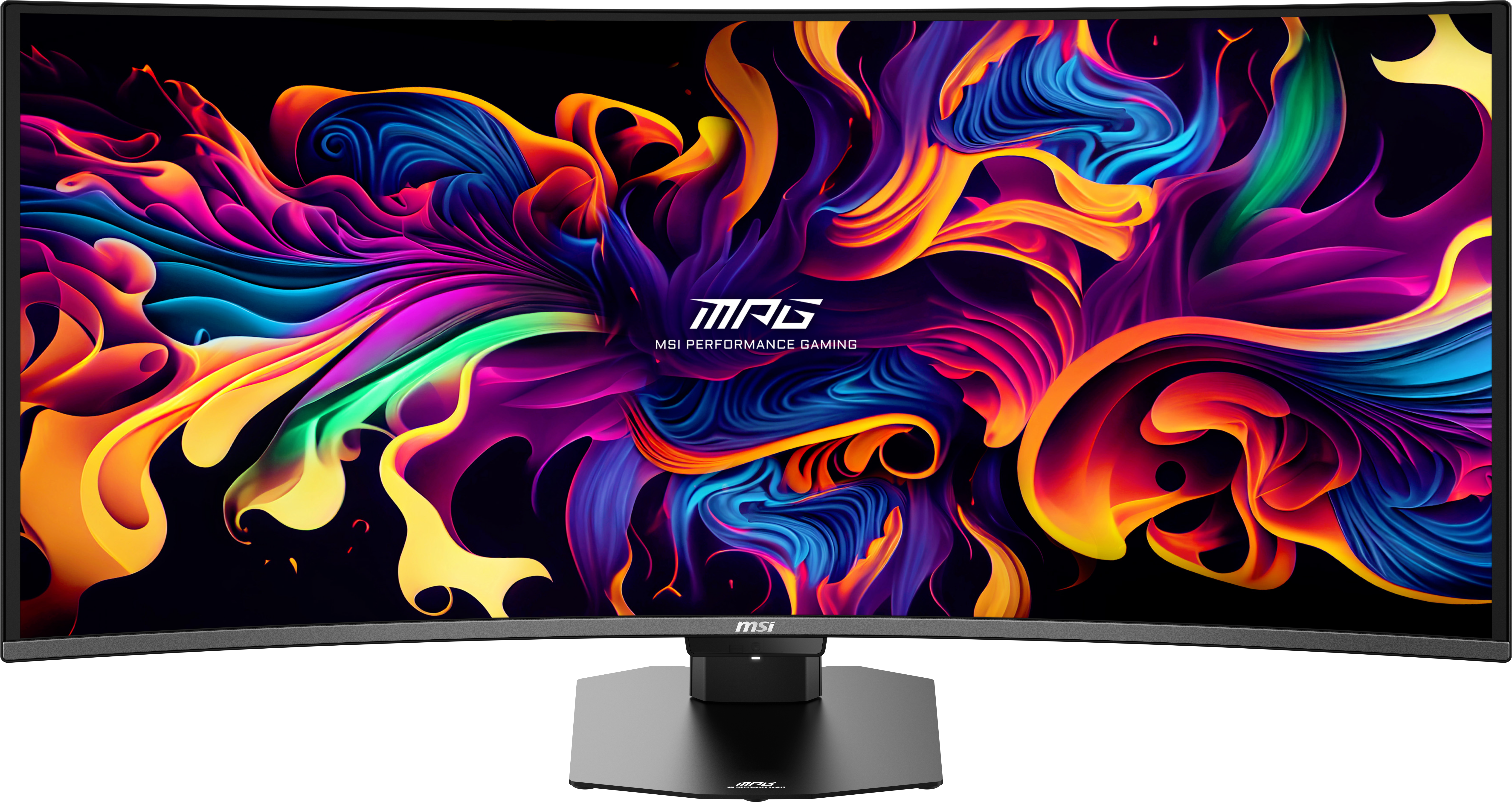 Gekrümmter MSI-Monitor mit lebendigen, abstrakten, bunten Wirbeln auf schwarzem Hintergrund.
