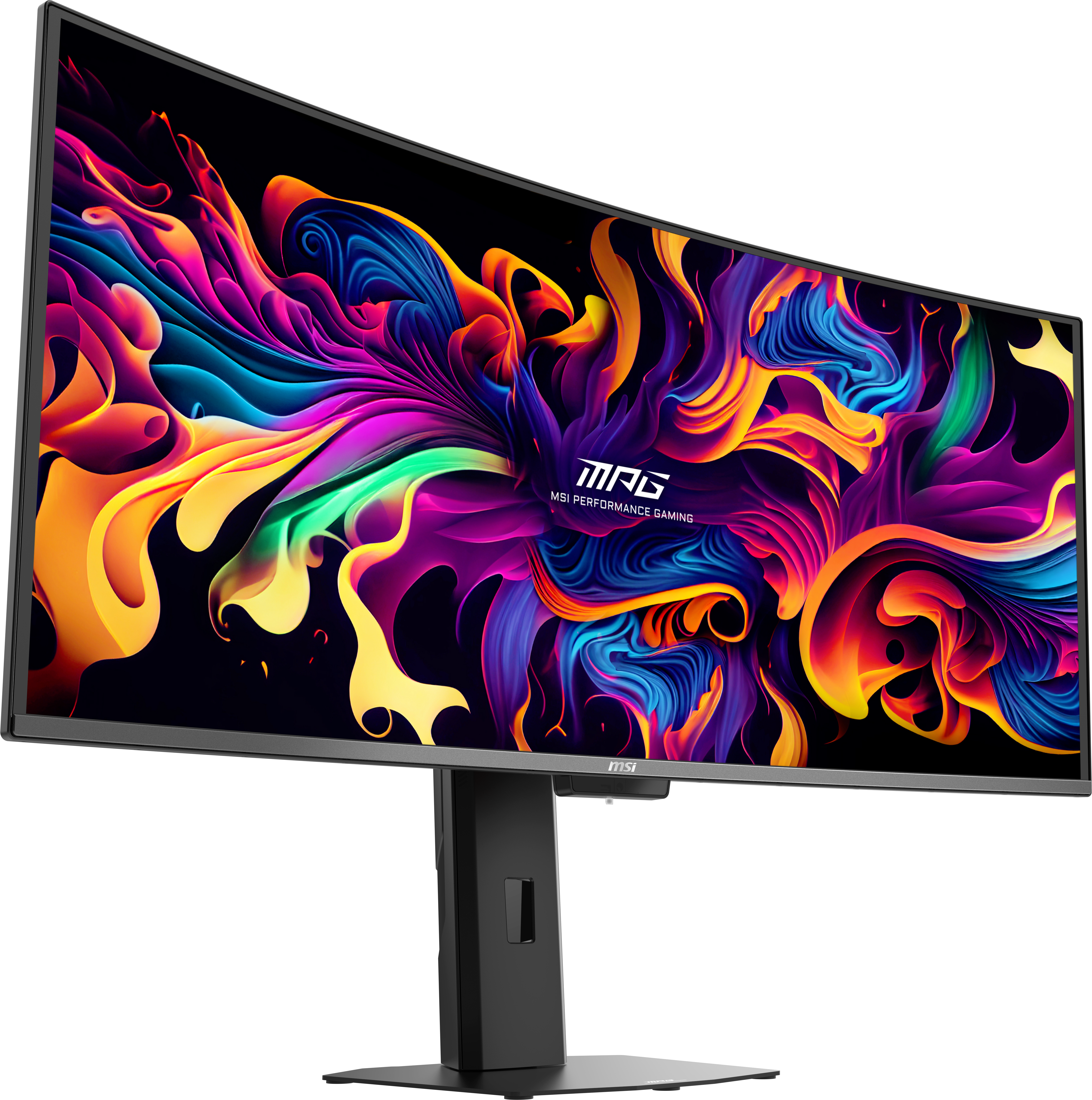 Ein gekrümmter MSI-Gaming-Monitor mit lebendigem, abstraktem Hintergrund.