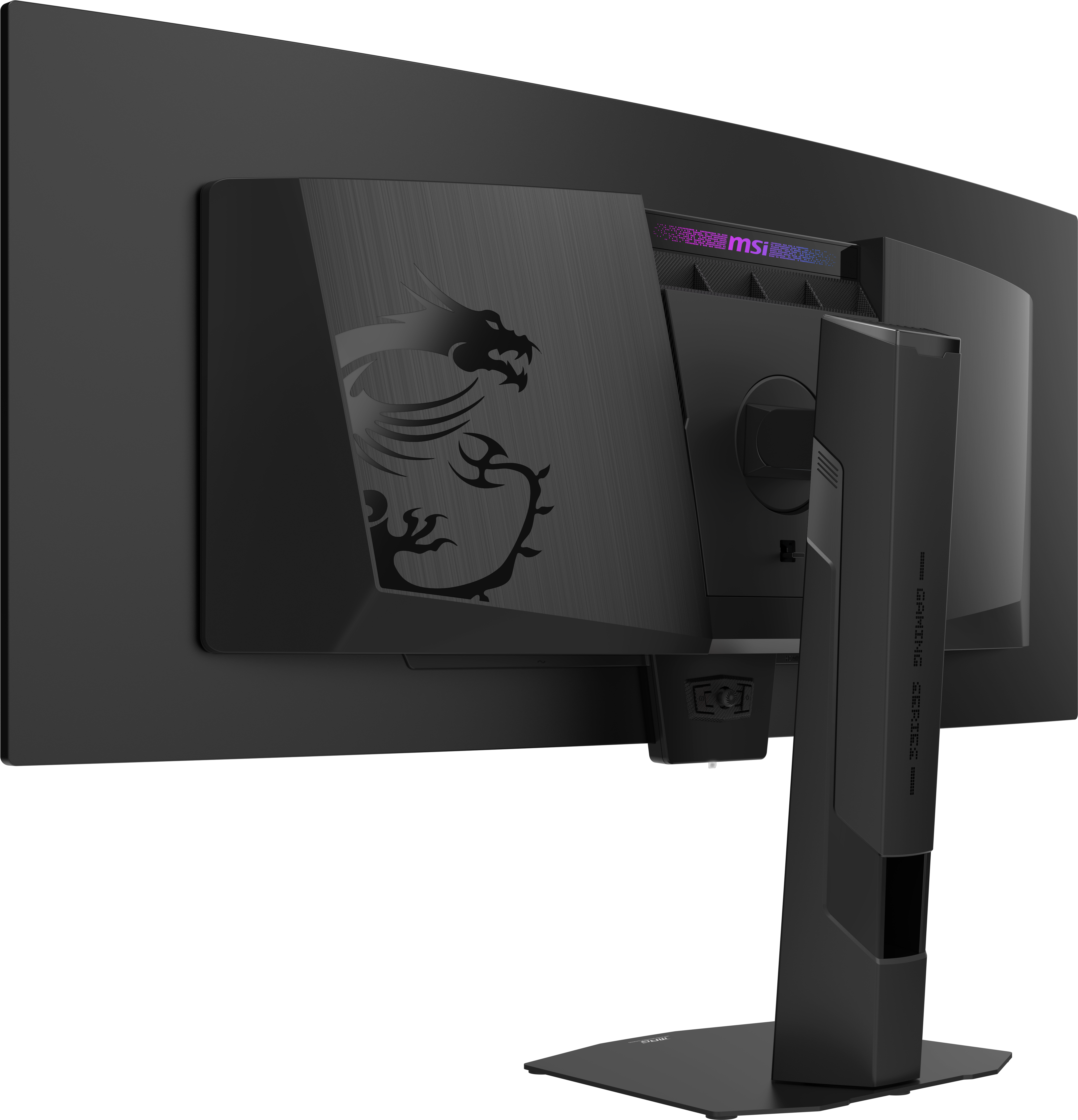 Rückseite eines schwarzen MSI Gaming-Monitors mit Drachenlogo und RGB-Beleuchtung.