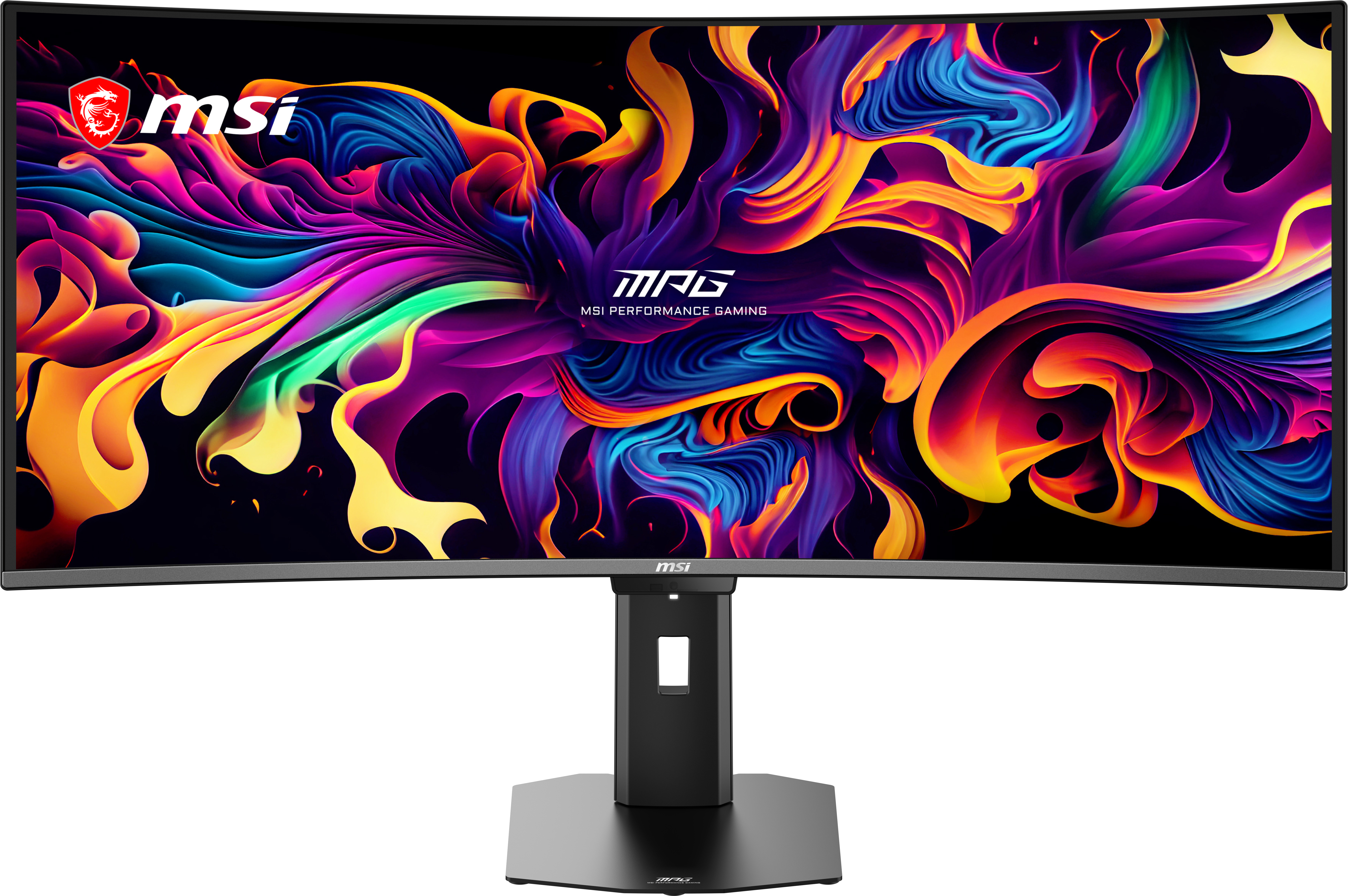 Gekrümmter MSI-Monitor mit lebendiger abstrakter Kunst und MSI-Logo.
