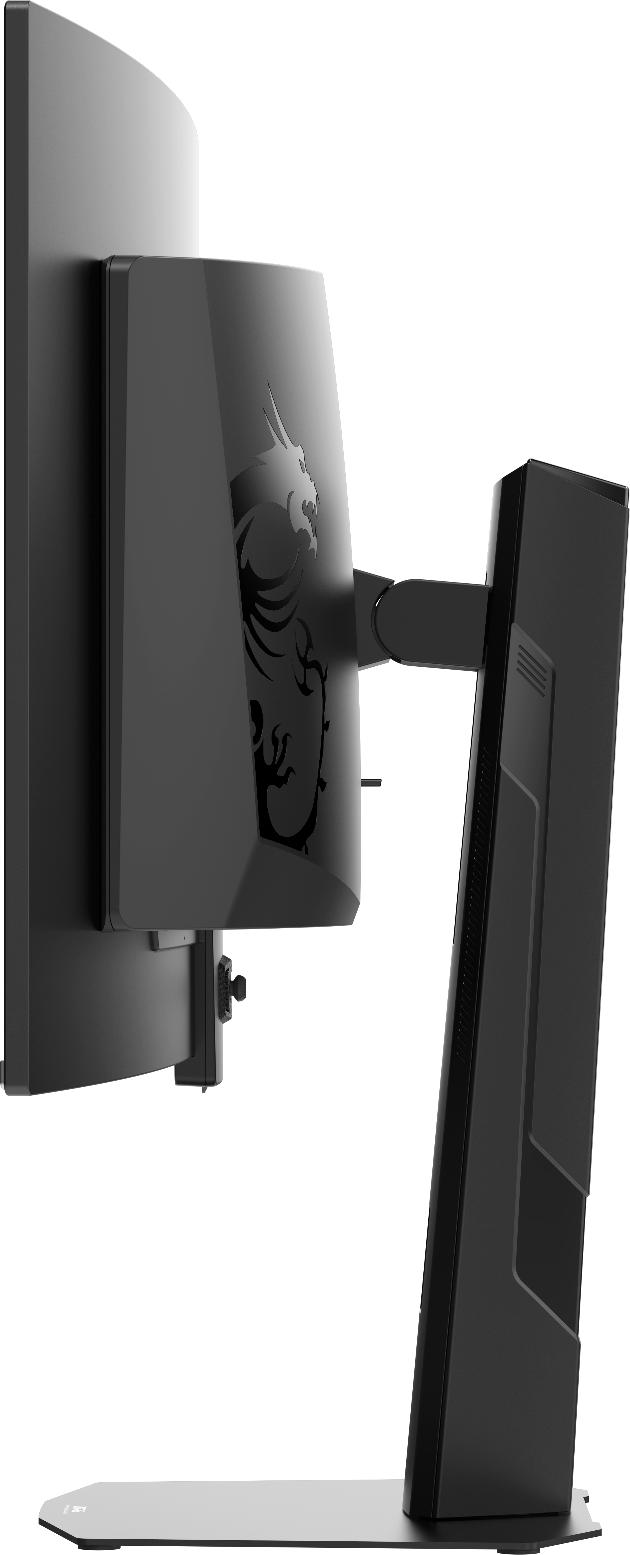 Ein schwarzer Computermonitor mit einem Drachenlogo auf der Rückseite, auf einem Ständer.