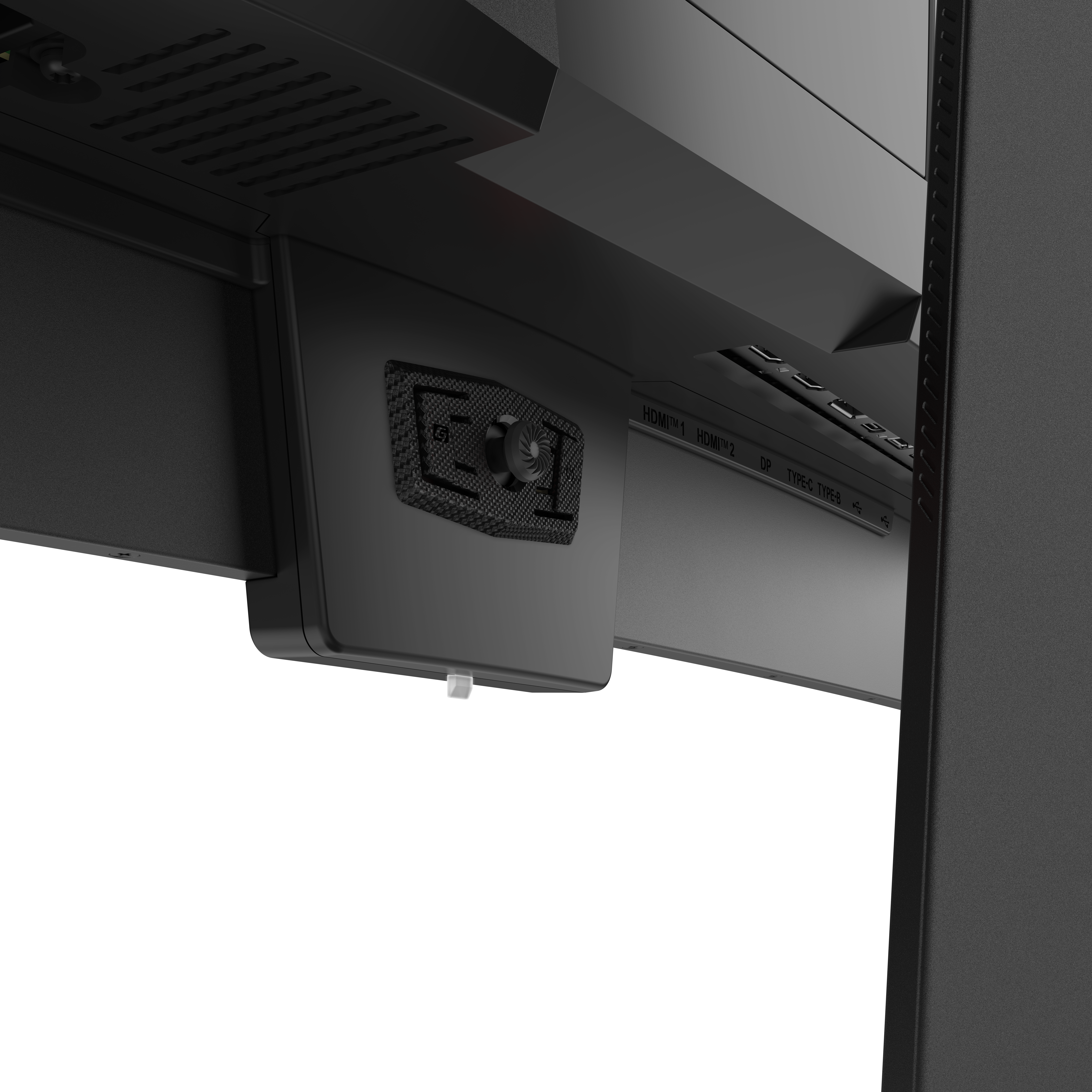 Ein schwarzer Monitor mit Anschlüssen wie HDMI und USB-C.