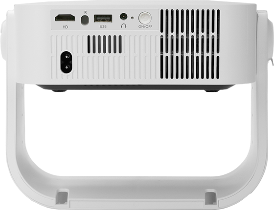 Projektor fehér hátlapja csatlakozókkal: HDMI, IR, USB, fejhallgató, be/ki.