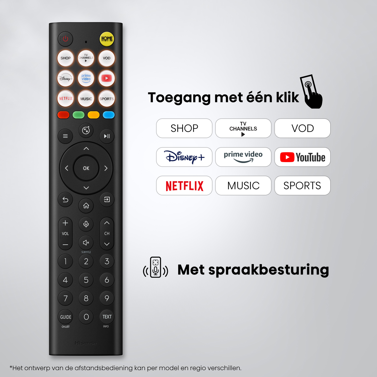 Zwarte afstandsbediening met sneltoetsen voor Netflix, YouTube, Disney+ en meer.