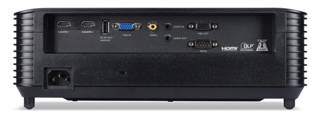 Fekete projektor hátlapja portokkal: HDMI, VGA, USB, audio, video, RS232.