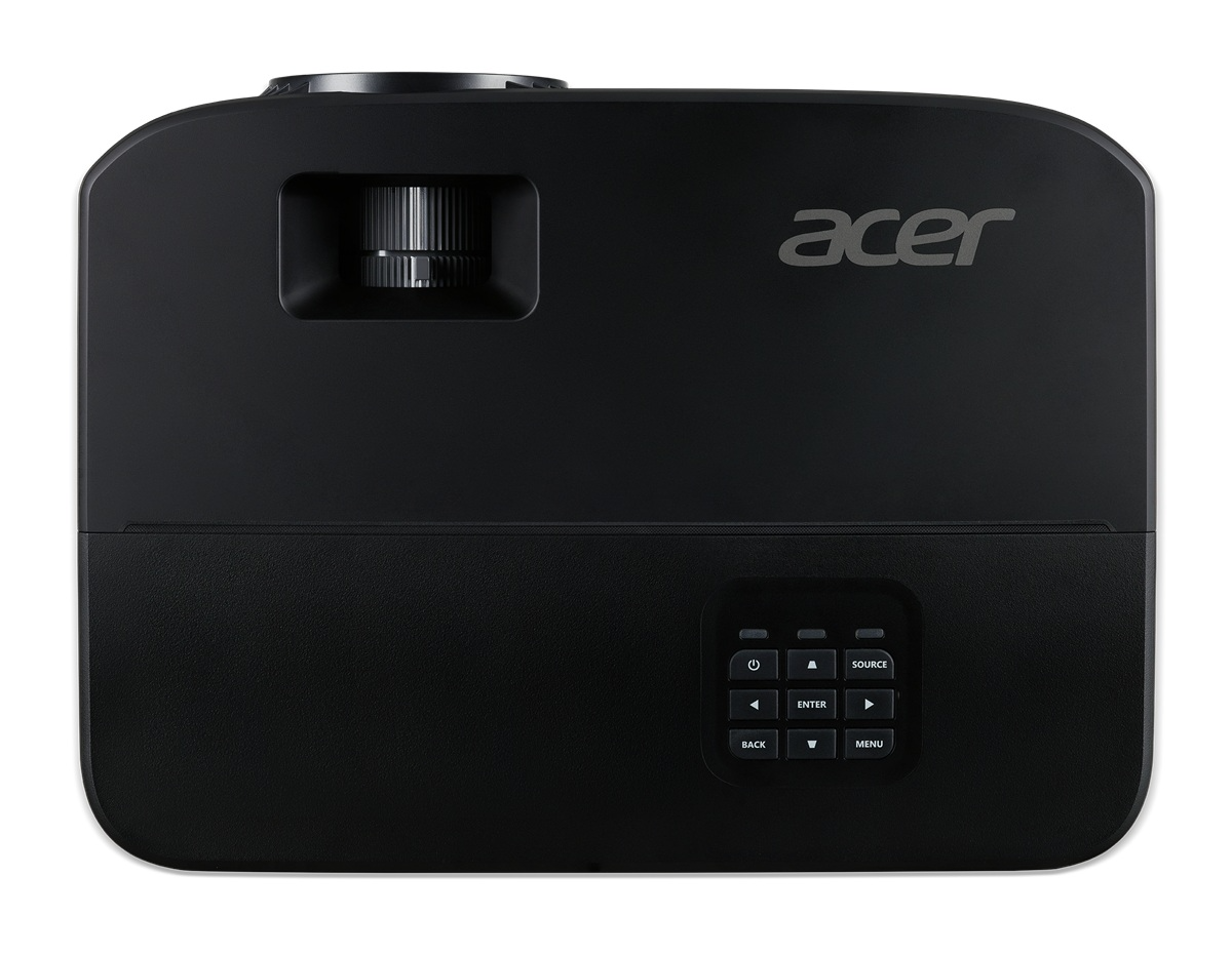 Egy fekete Acer projektor előlapi lencsével és kezelőpaneljével.
