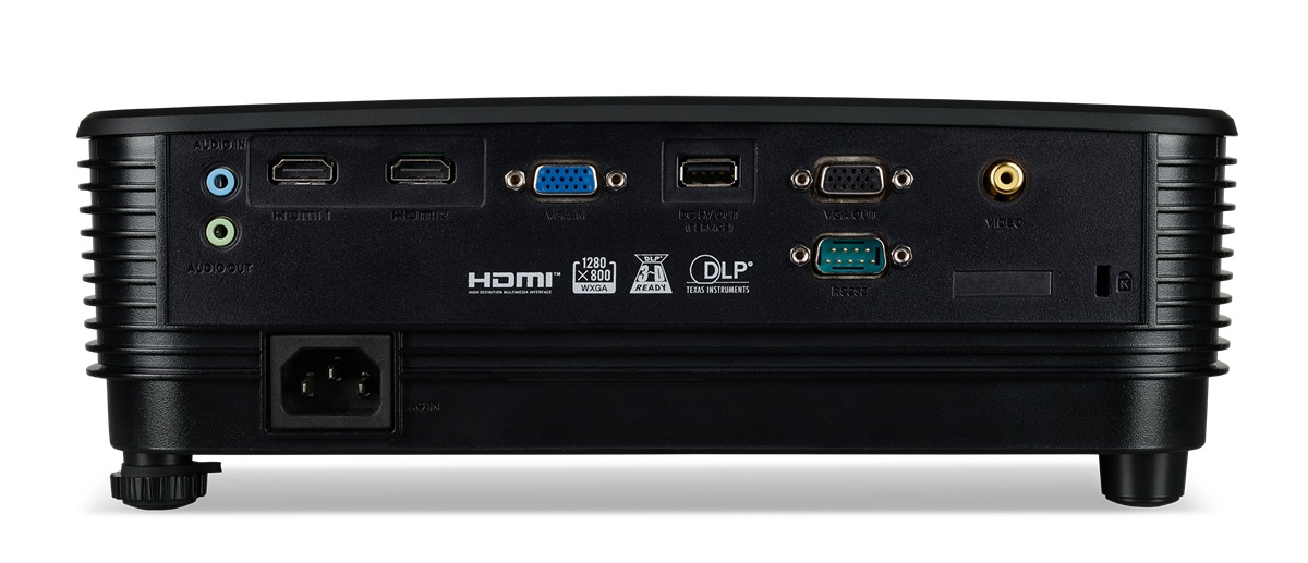 Fekete projektor hátulja csatlakozókkal: Audio, HDMI, VGA, USB, RS232.