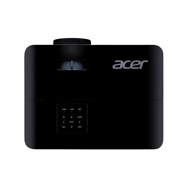Egy fekete Acer projektor lencsevédővel és kezelőpanellel.