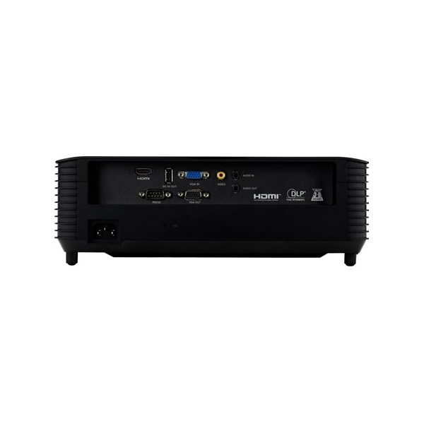 Fekete projektor hátulja, HDMI, VGA és Audio portokkal.