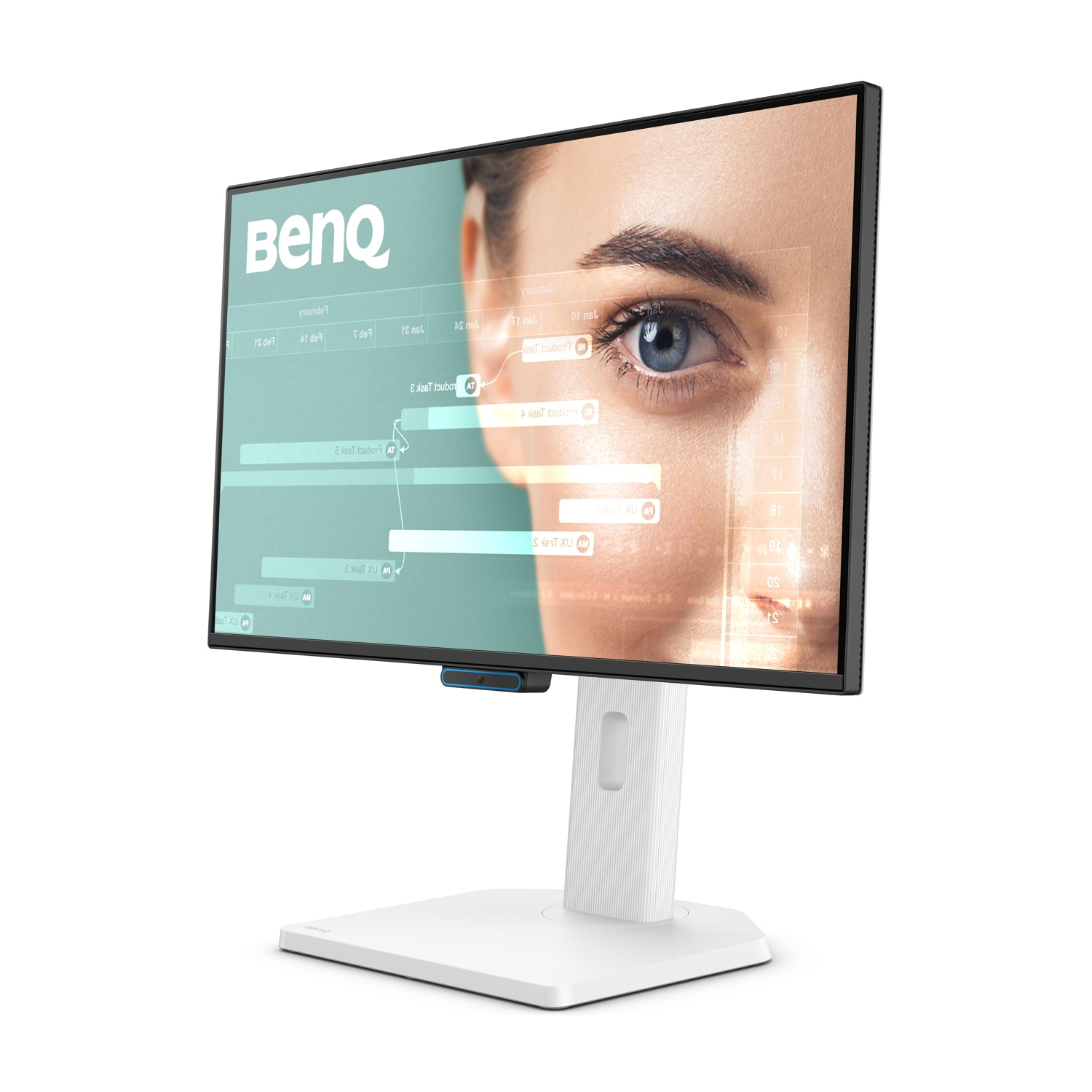 Monitor BenQ mostra primo piano occhio blu e grafici dati. Supporto bianco.
