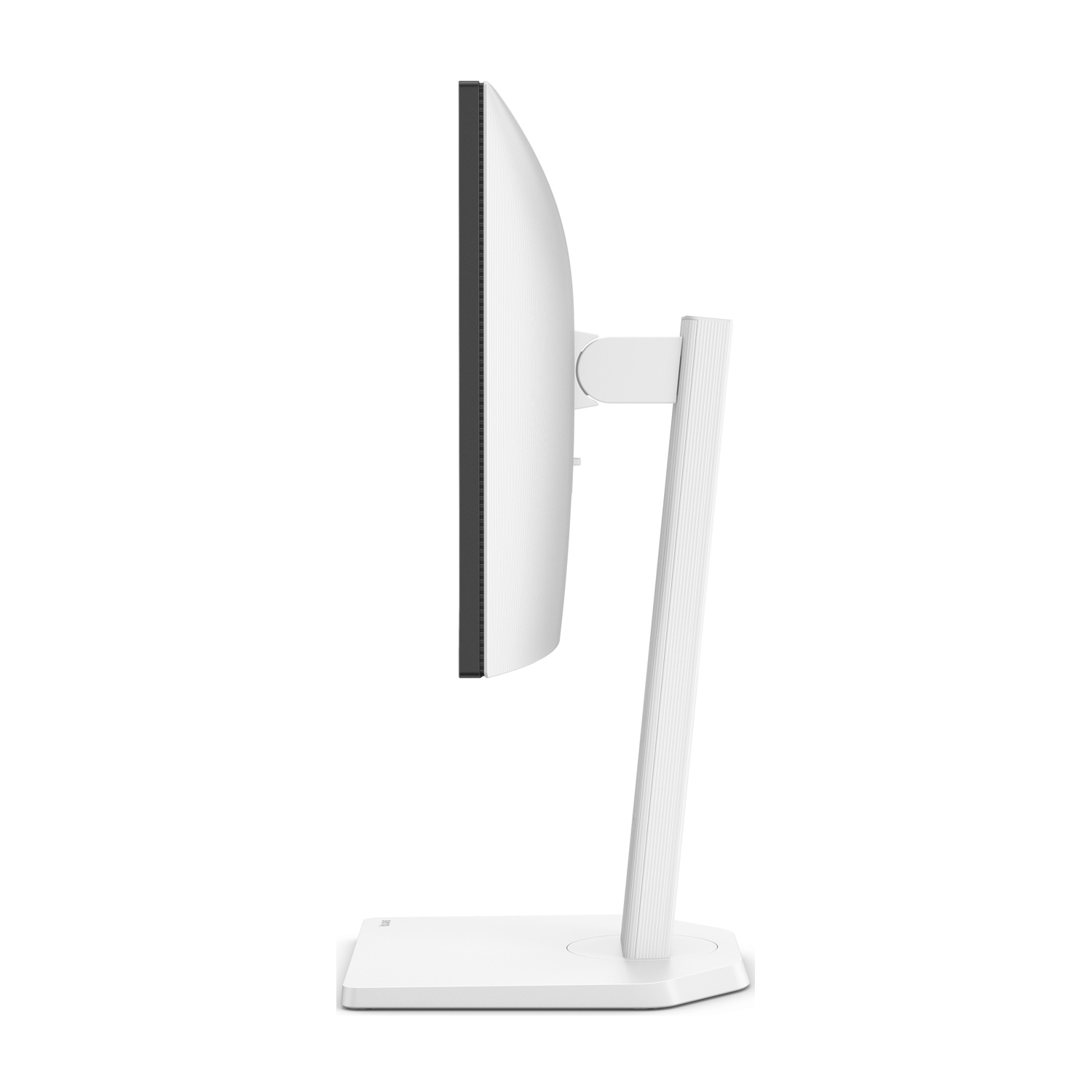 Un monitor per computer bianco con cornice sottile poggia su una base bianca su sfondo bianco.